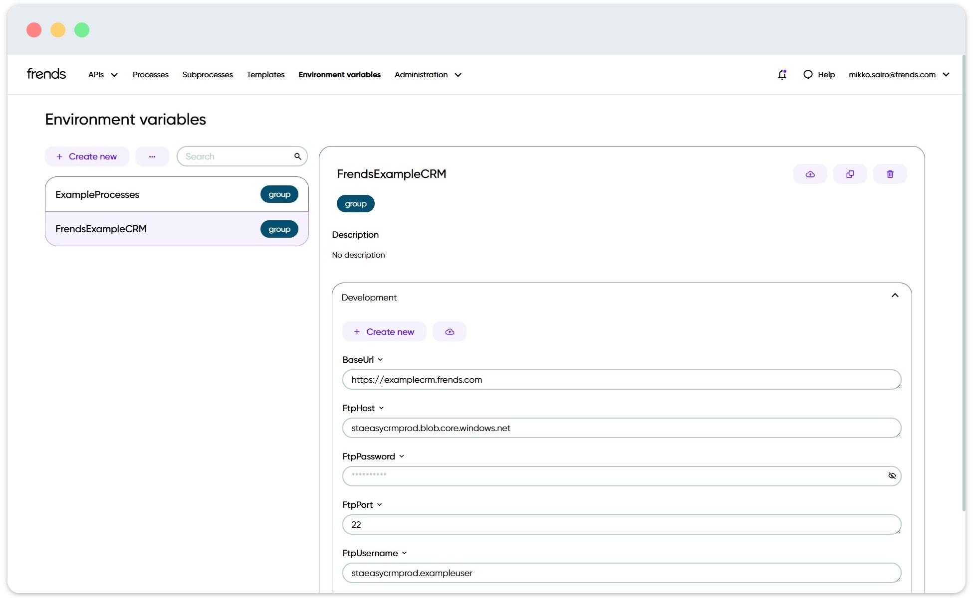 Picture showing an example of Environment Variables in Frends.