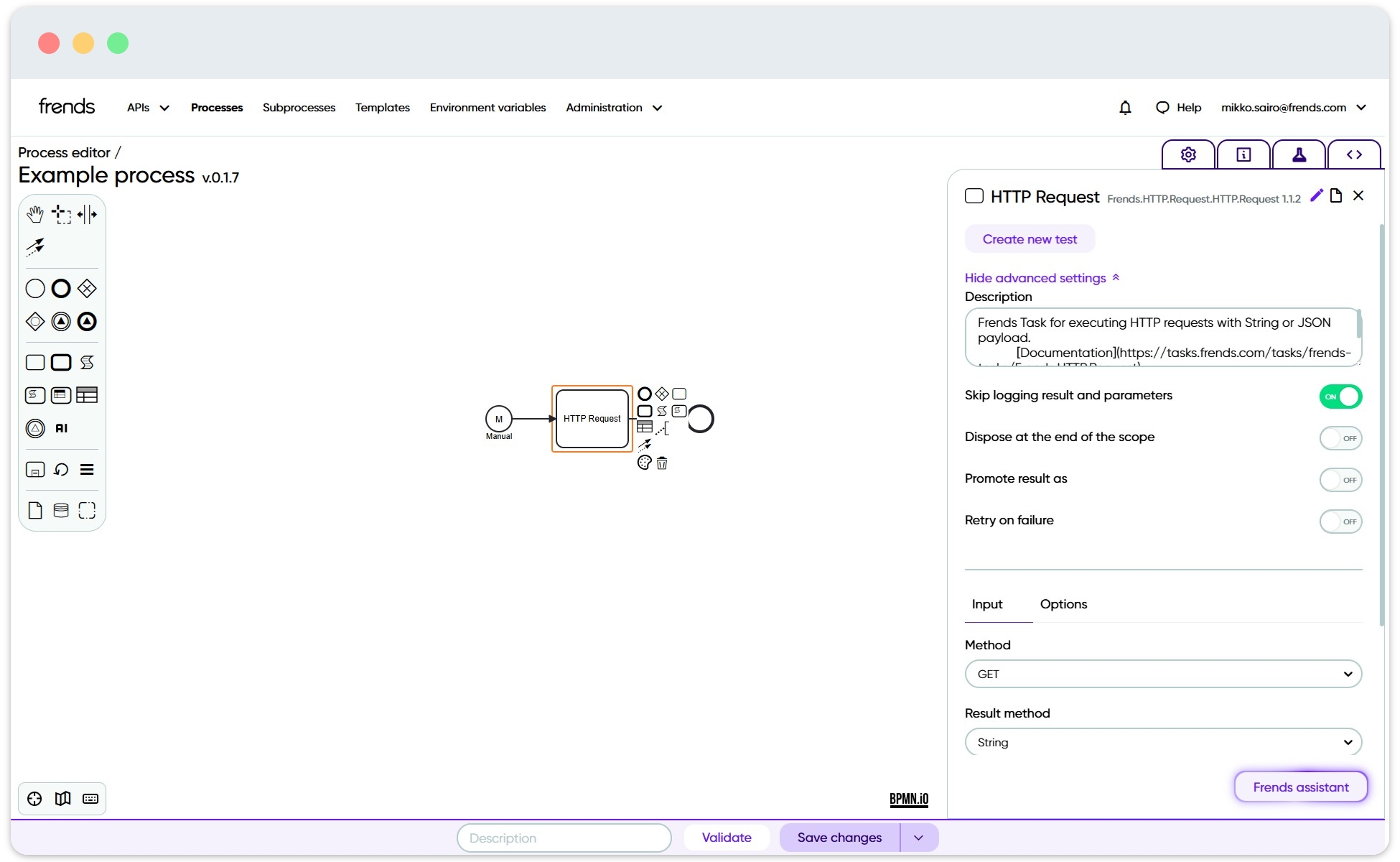 Picture of Frends Process Editor, showing the advanced settings for a shape.