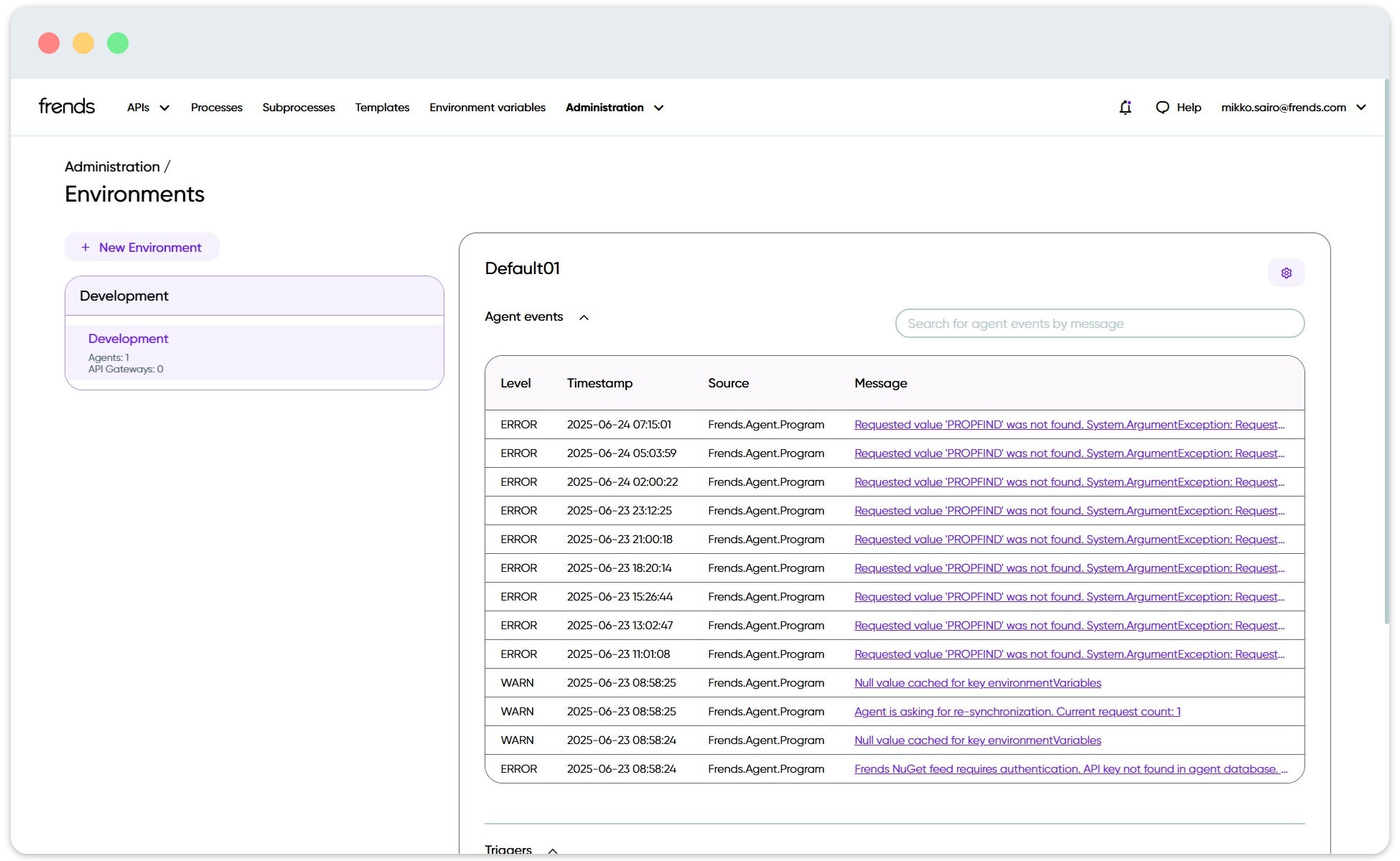 Picture shows Frends Agent's events from a development environment.