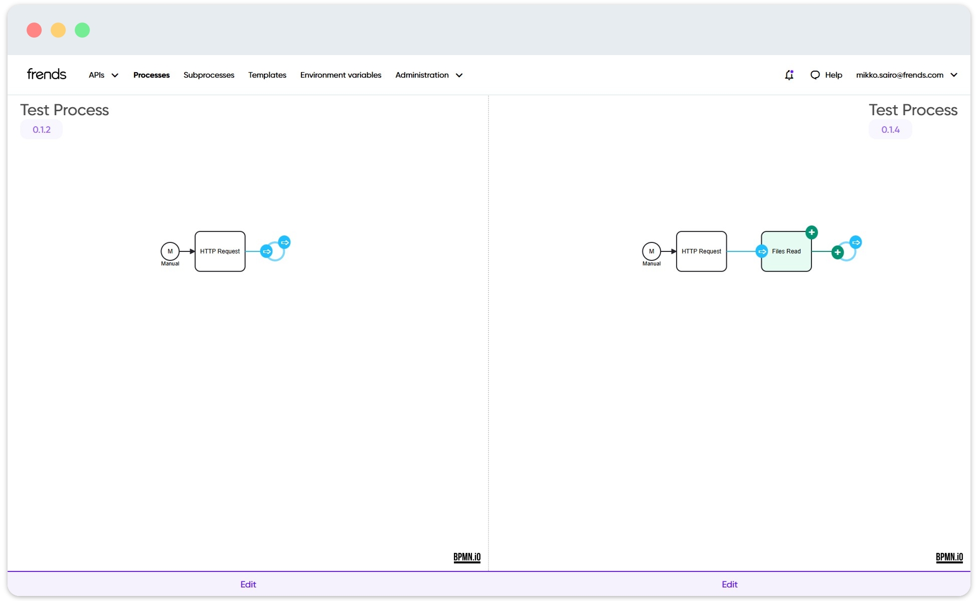 Image shows the functionality of Diff tool in Frends.