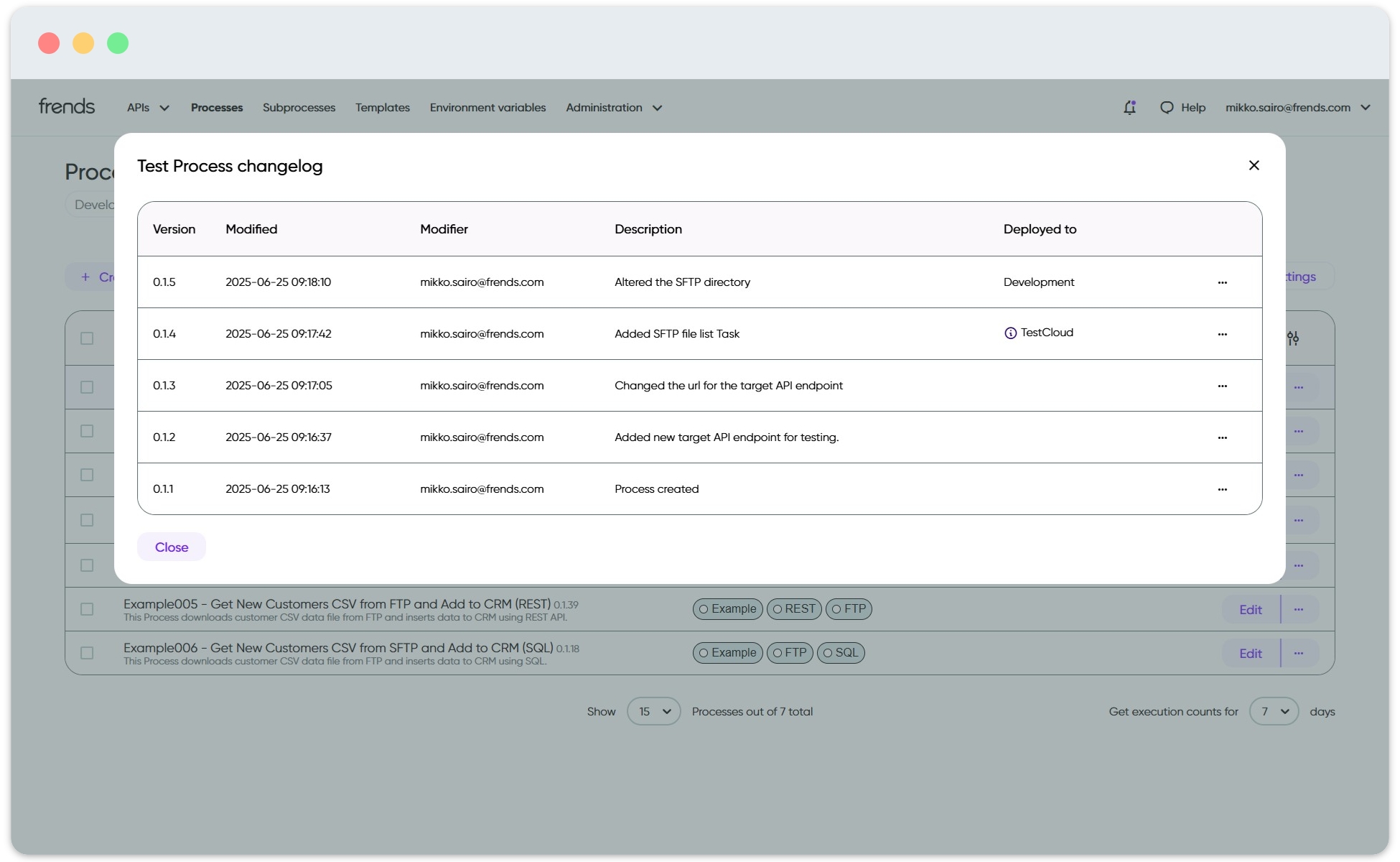 Image showing version history for a Process in Frends.