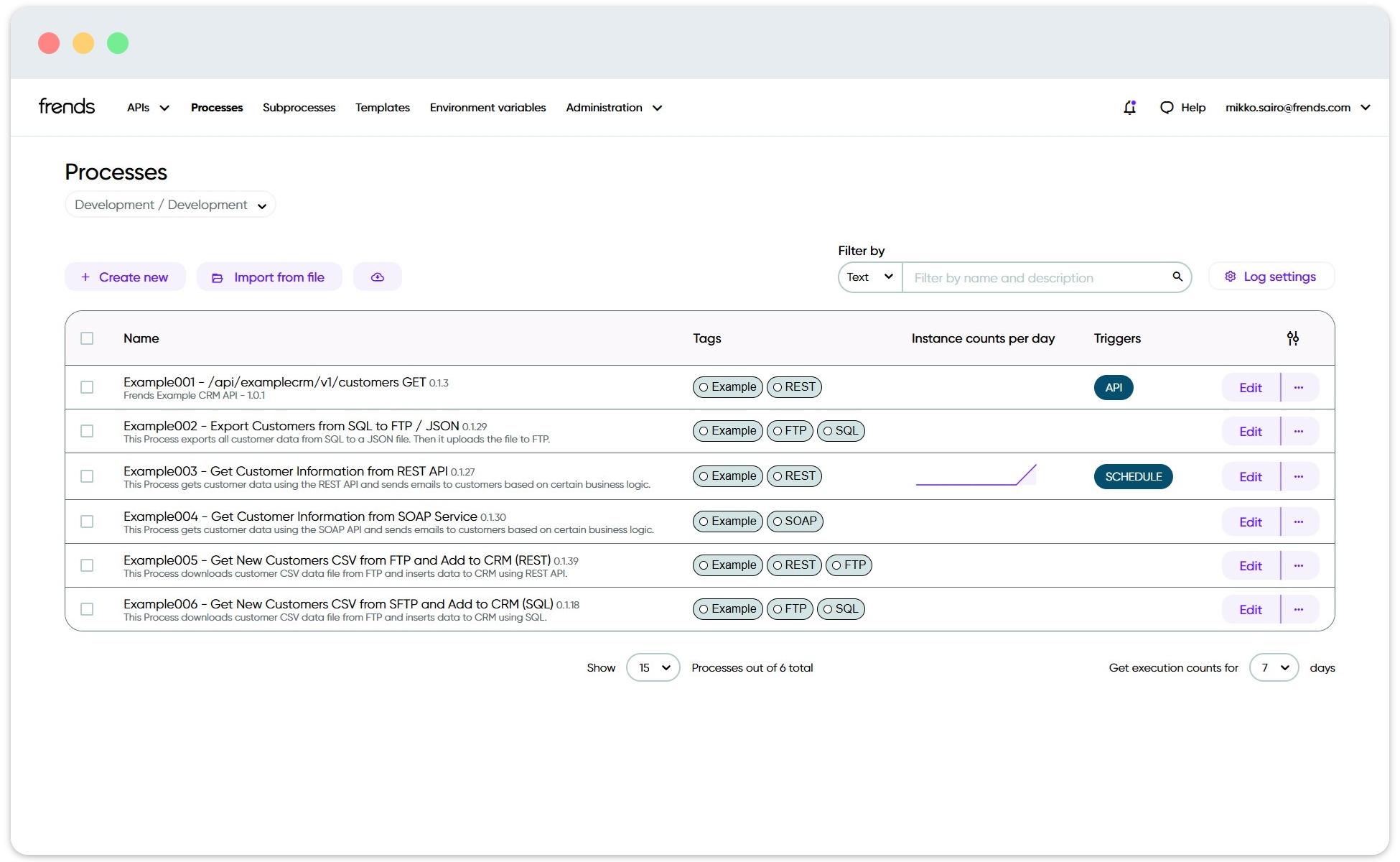Picture shows a list of Processes in Frends.