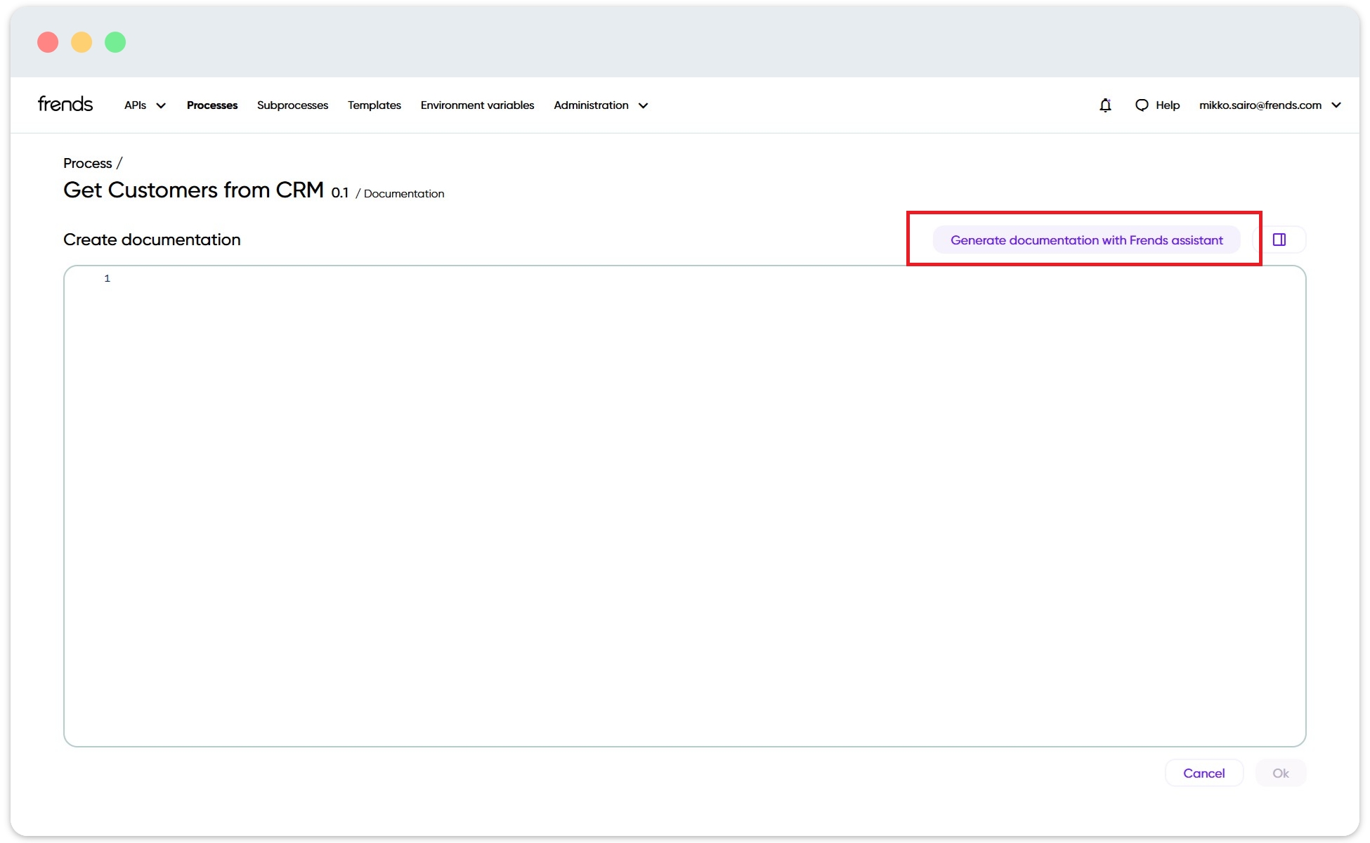 Picture depicting empty field for writing documentation, while highlighting the button to generate docs automatically with AI.