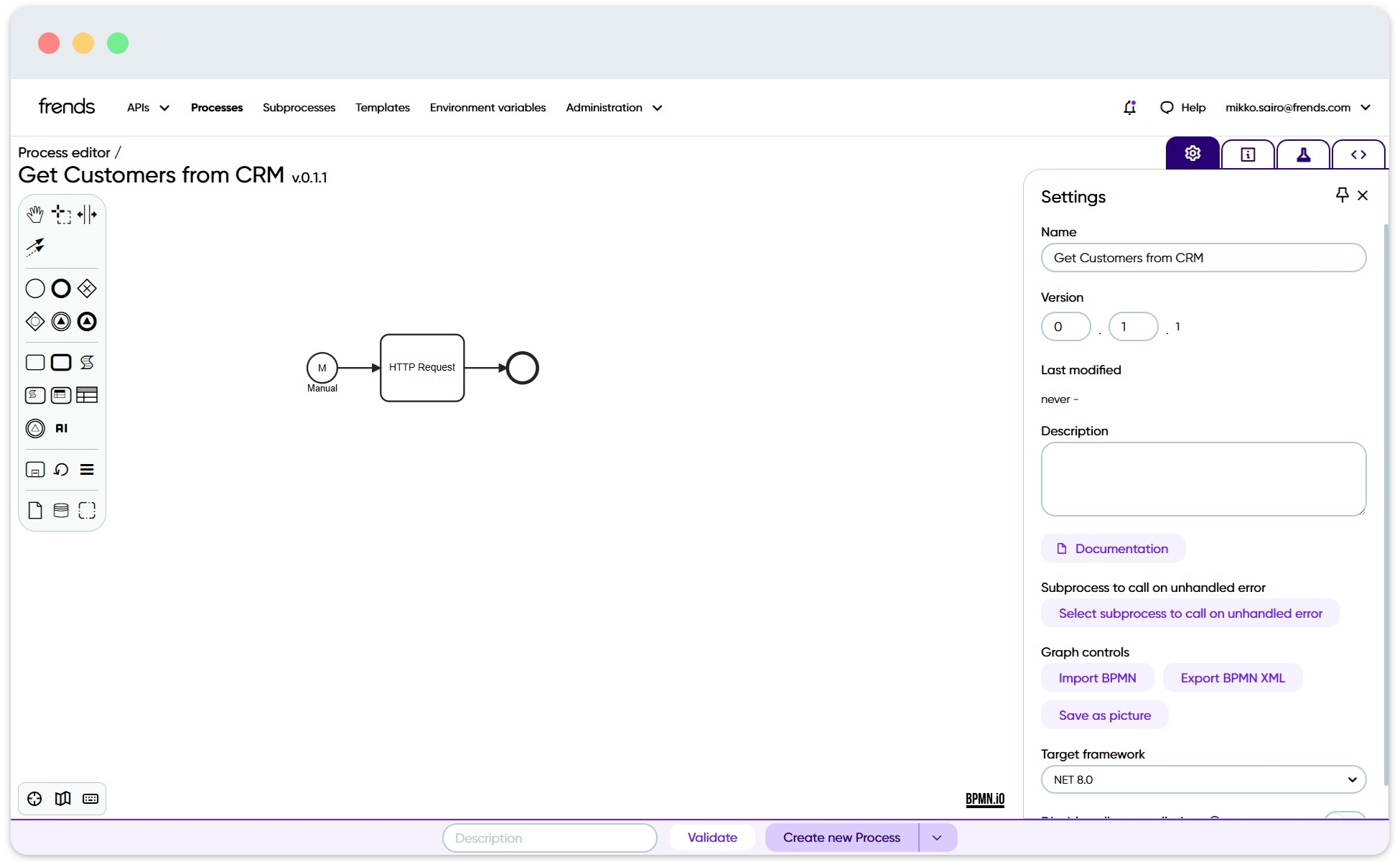 View of Frends process editor with an example process shown on it.