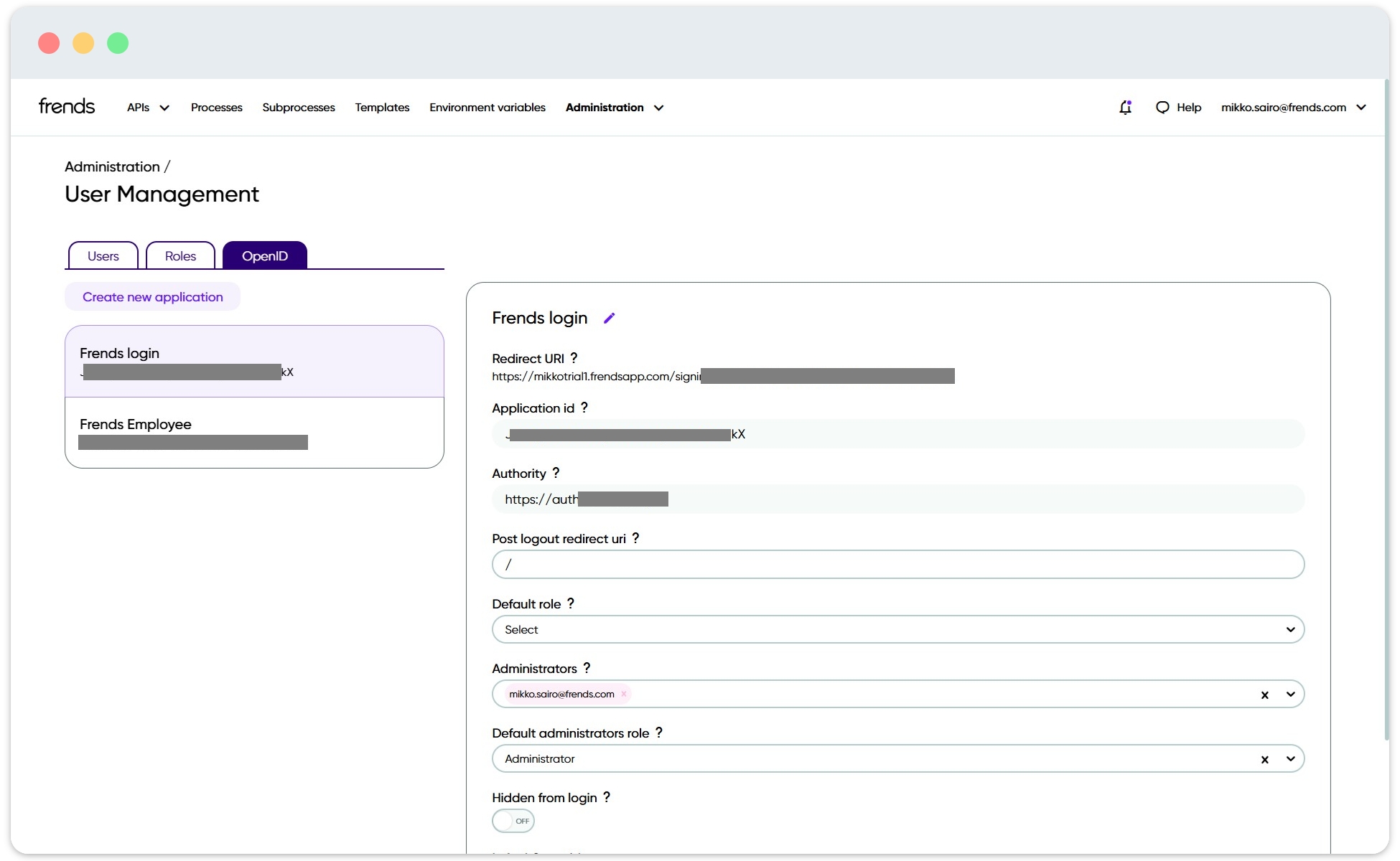 Standard authentication providers in Frends Tenant being shown.