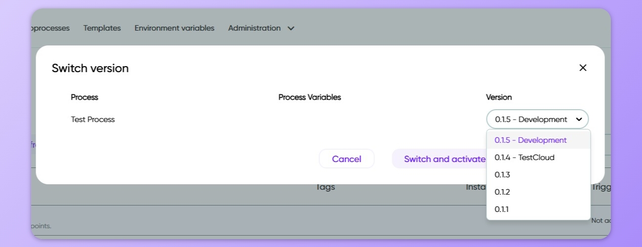 Image showing the Switch version functionality for a Process.