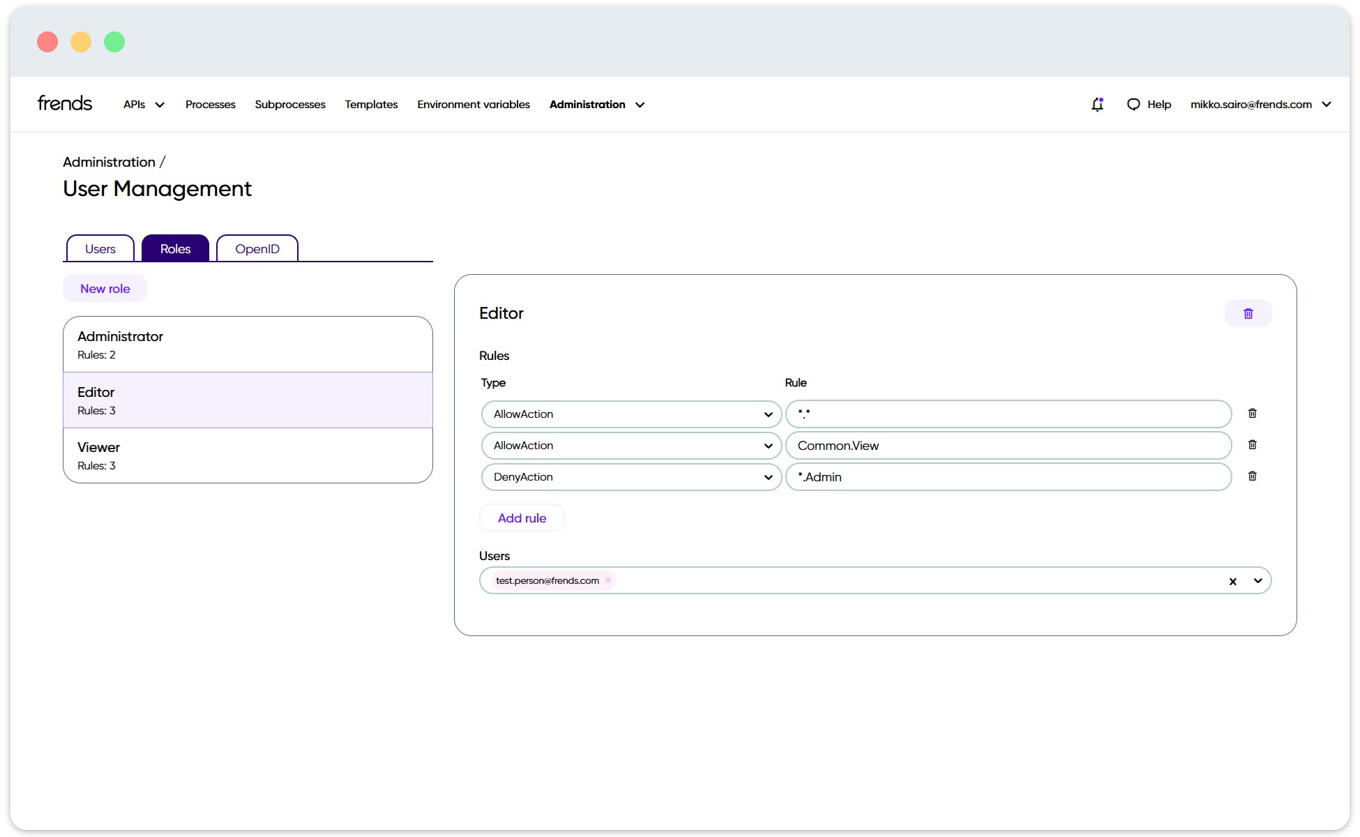 Picture shows the settings for Editor role.