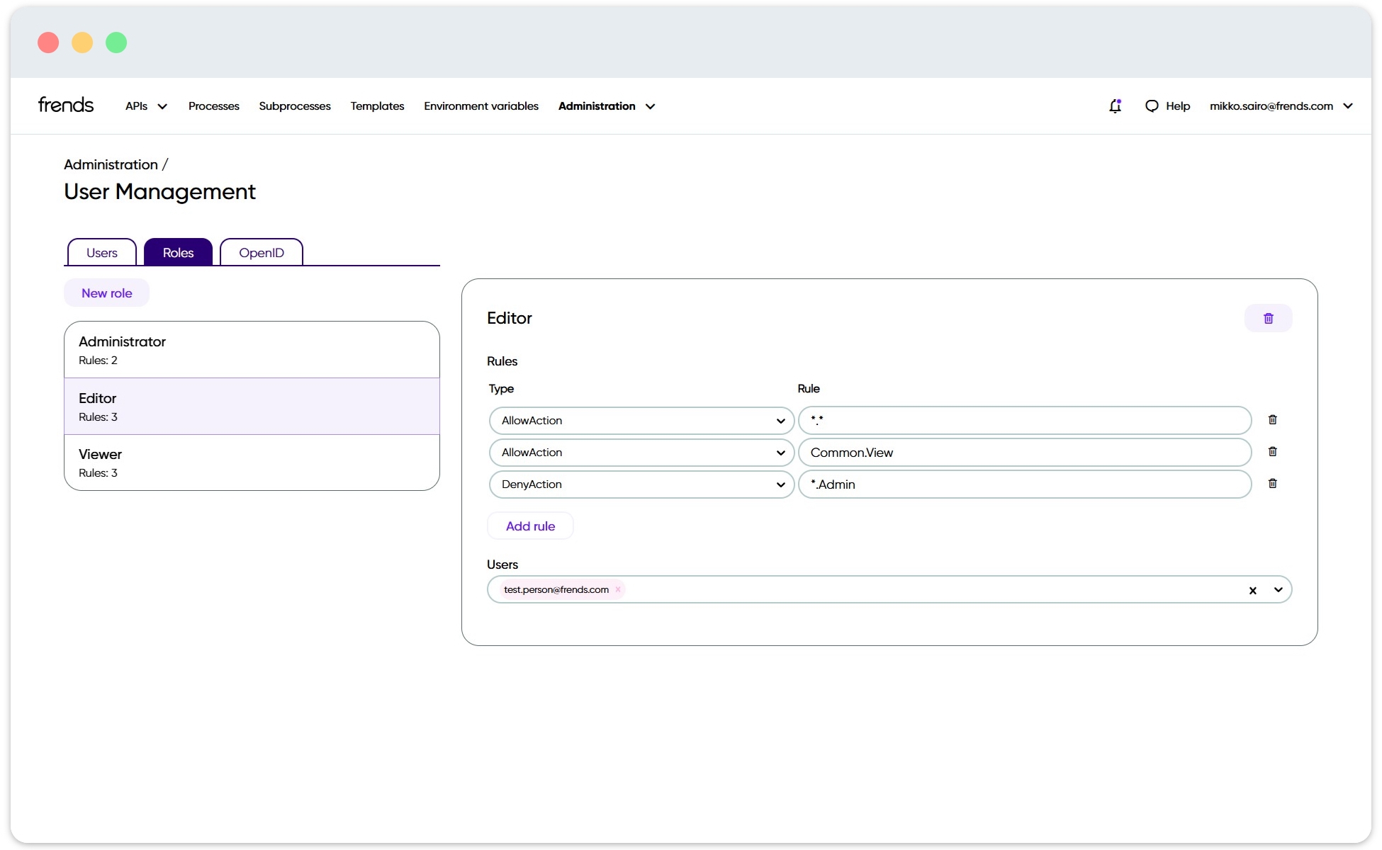 Picture shows the settings for Editor role.