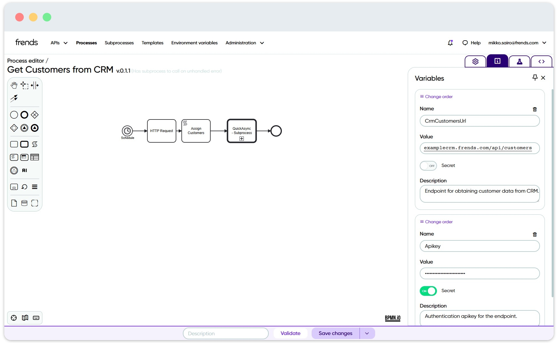 Specifying process variables in the process editor makes it possible to adapt the template to different users and environments.