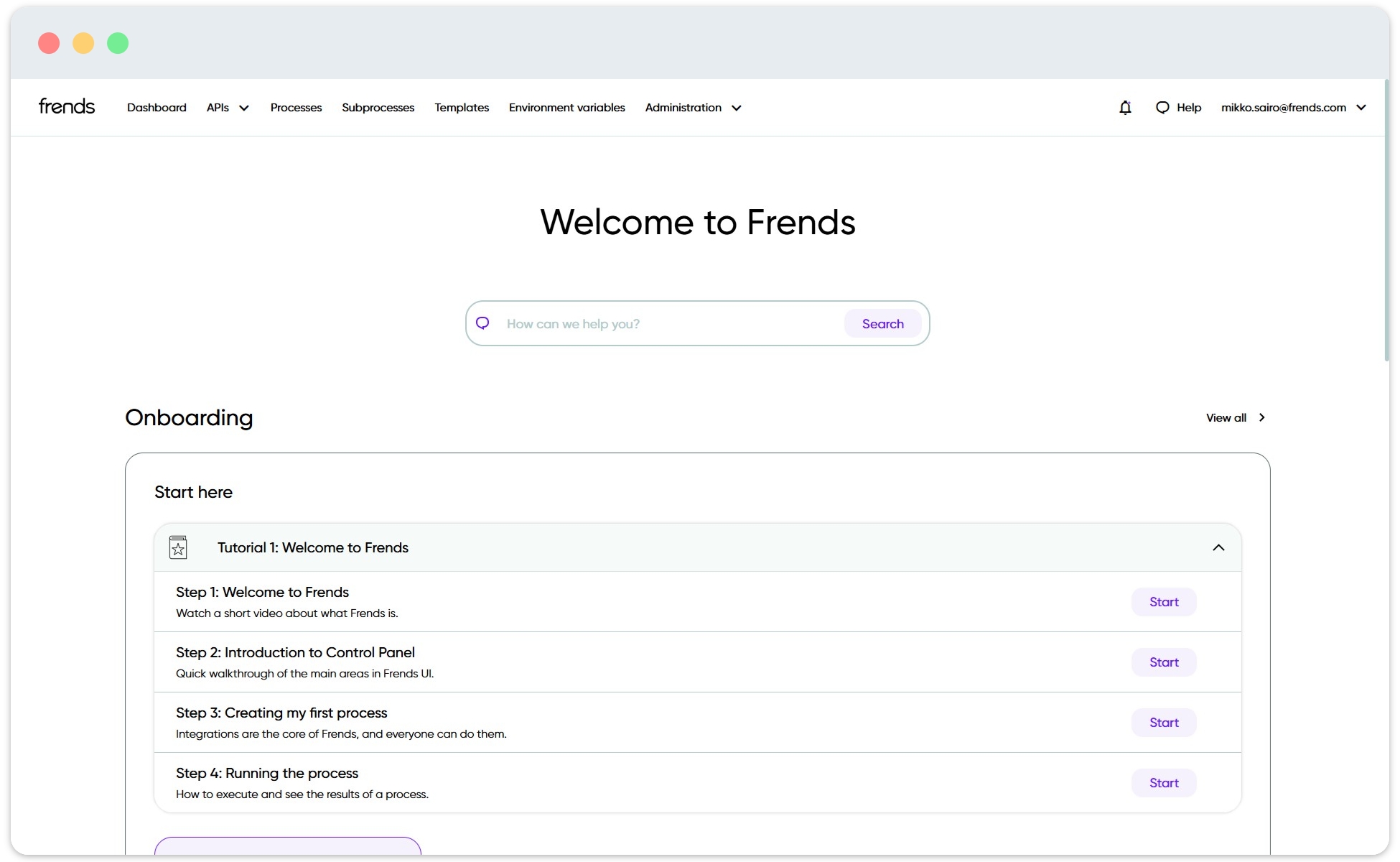 Arriving to your Frends tenant, you are greeted with the help resources available to you.