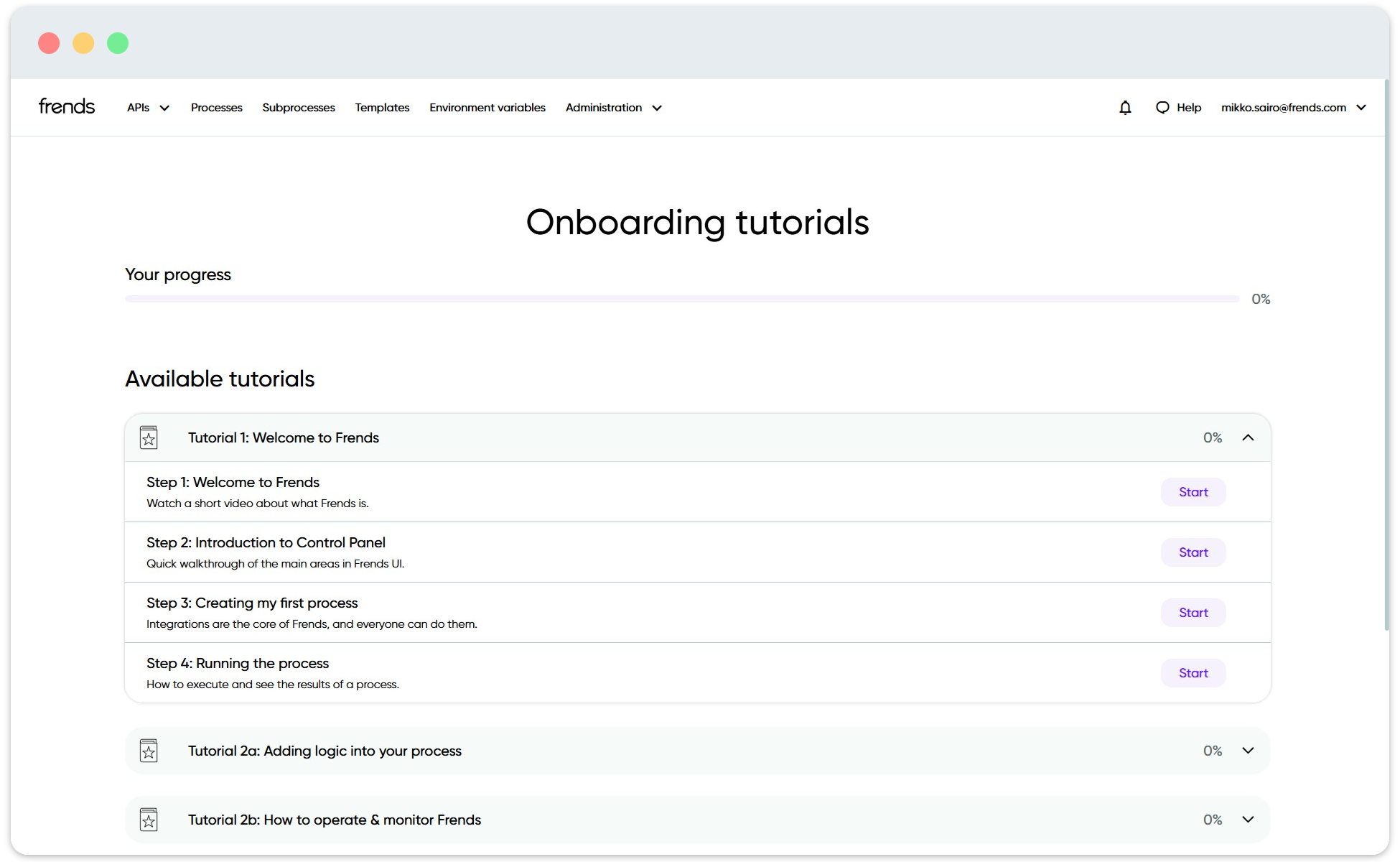 Image showing the available tutorials in Frends.