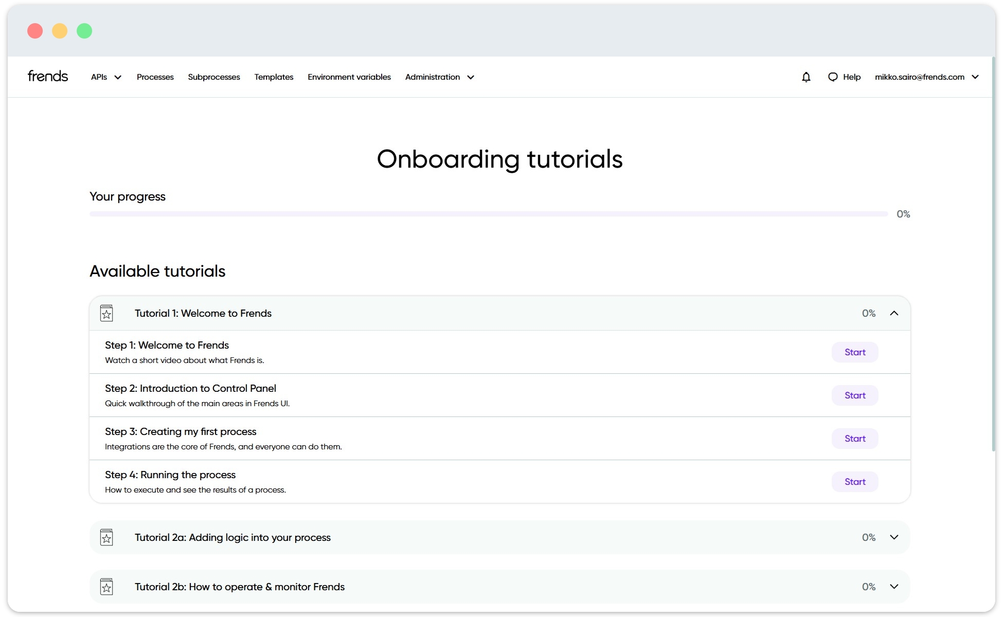 Image showing the available tutorials in Frends.