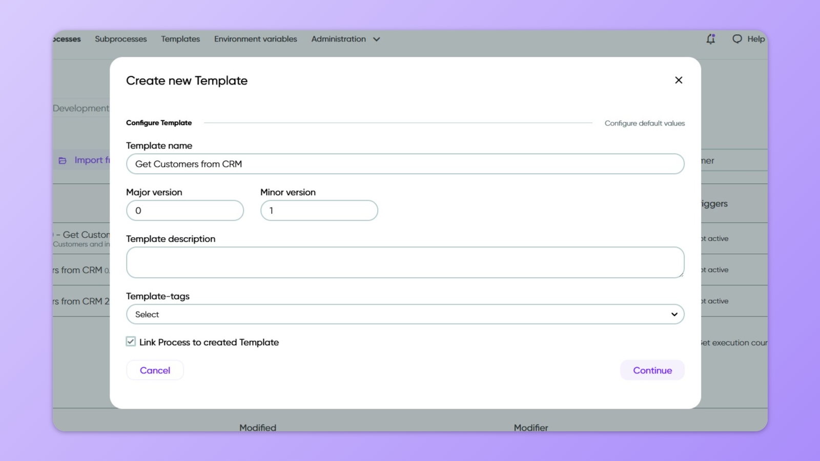 Showing template creation parameters that are available.