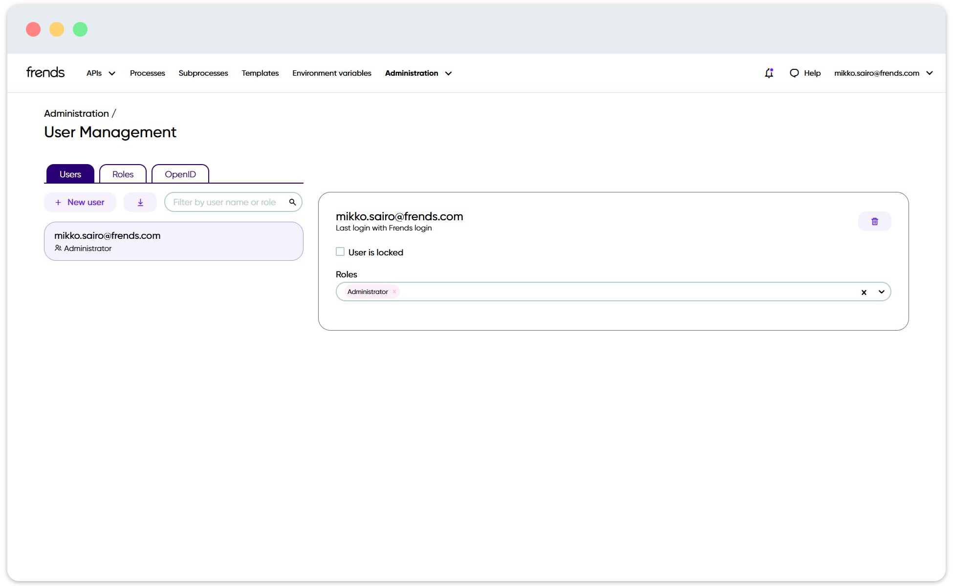Picture shows the default view of User Management section in Frends.