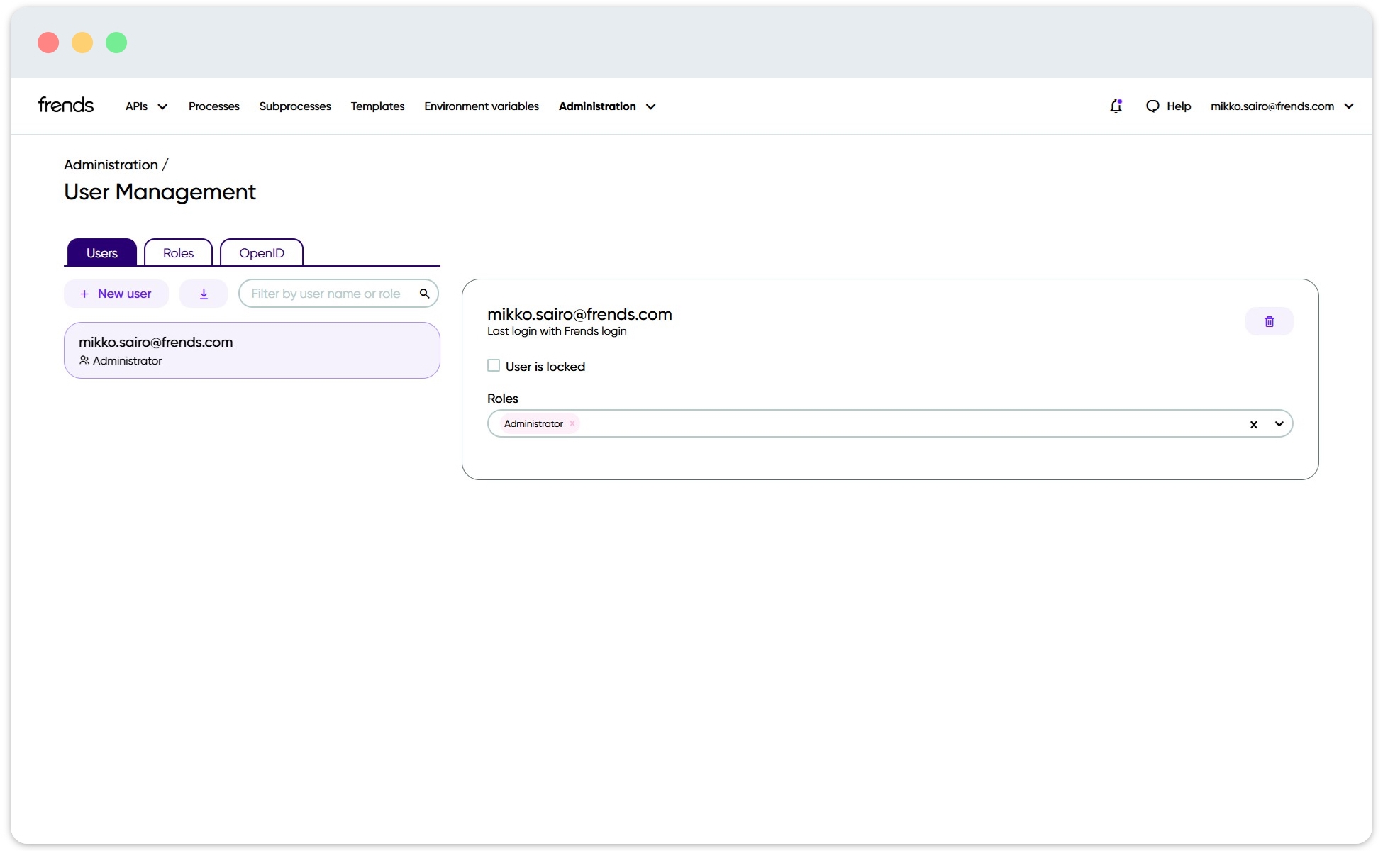 Picture shows the default view of User Management section in Frends.