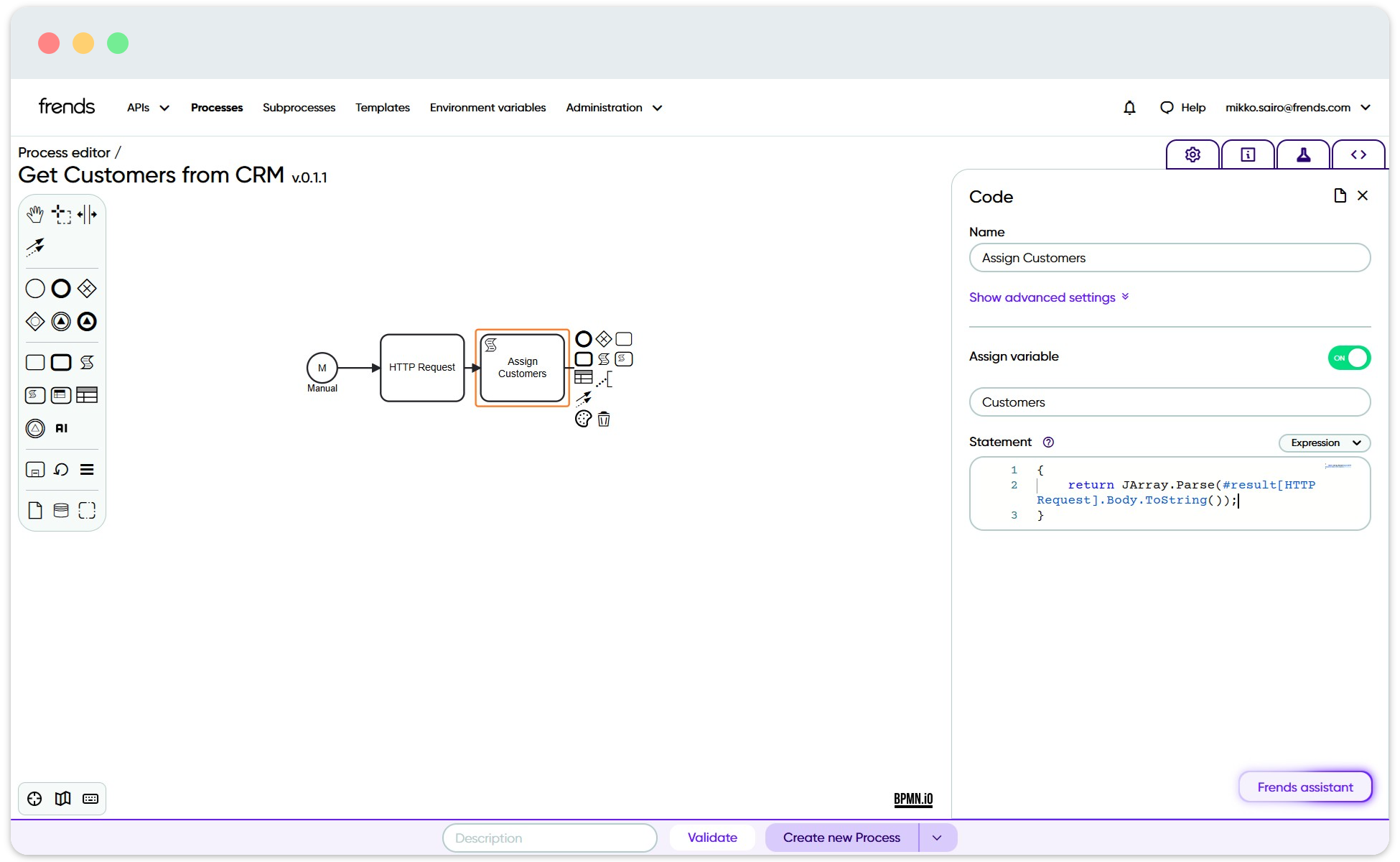 Picture shows a view of Frends process editor, with code block shape being displayed.