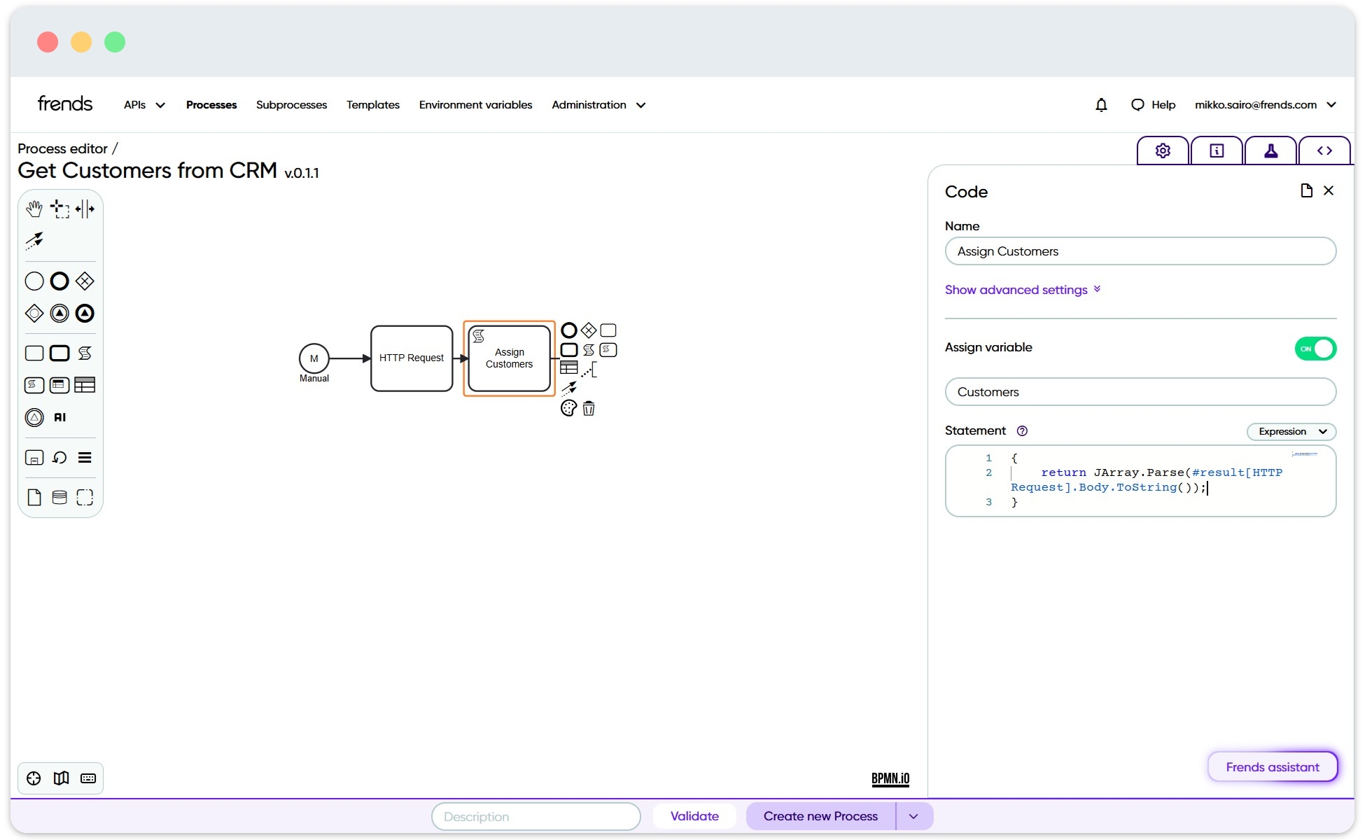 Picture shows a view of Frends process editor, with code block shape being displayed.