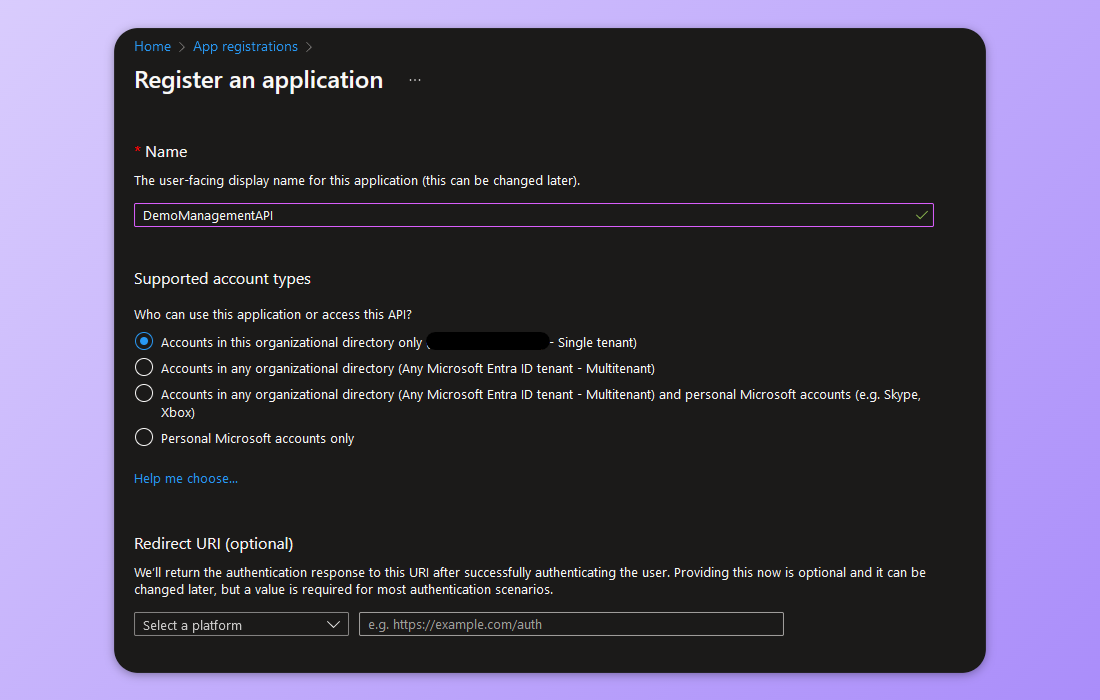 Picture shows the suggested settings for the registration.