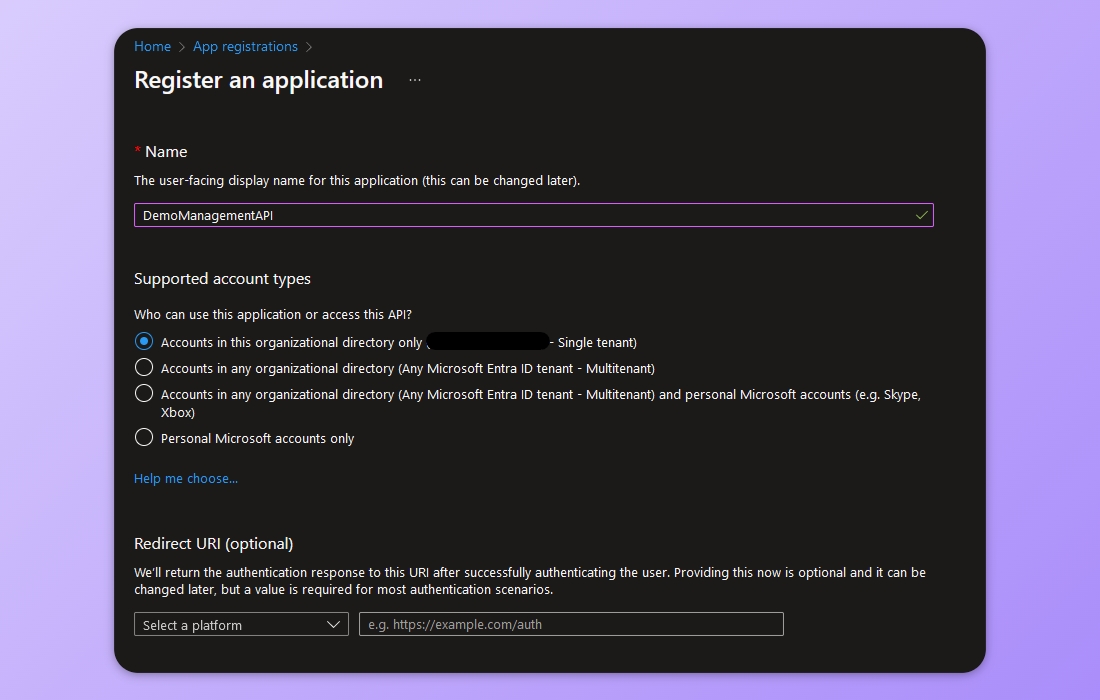 Picture shows the suggested settings for the registration.