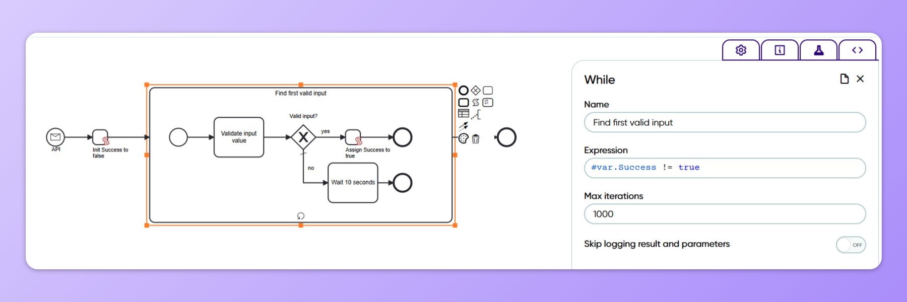 Example shows conditional iteration in Frends Processes.