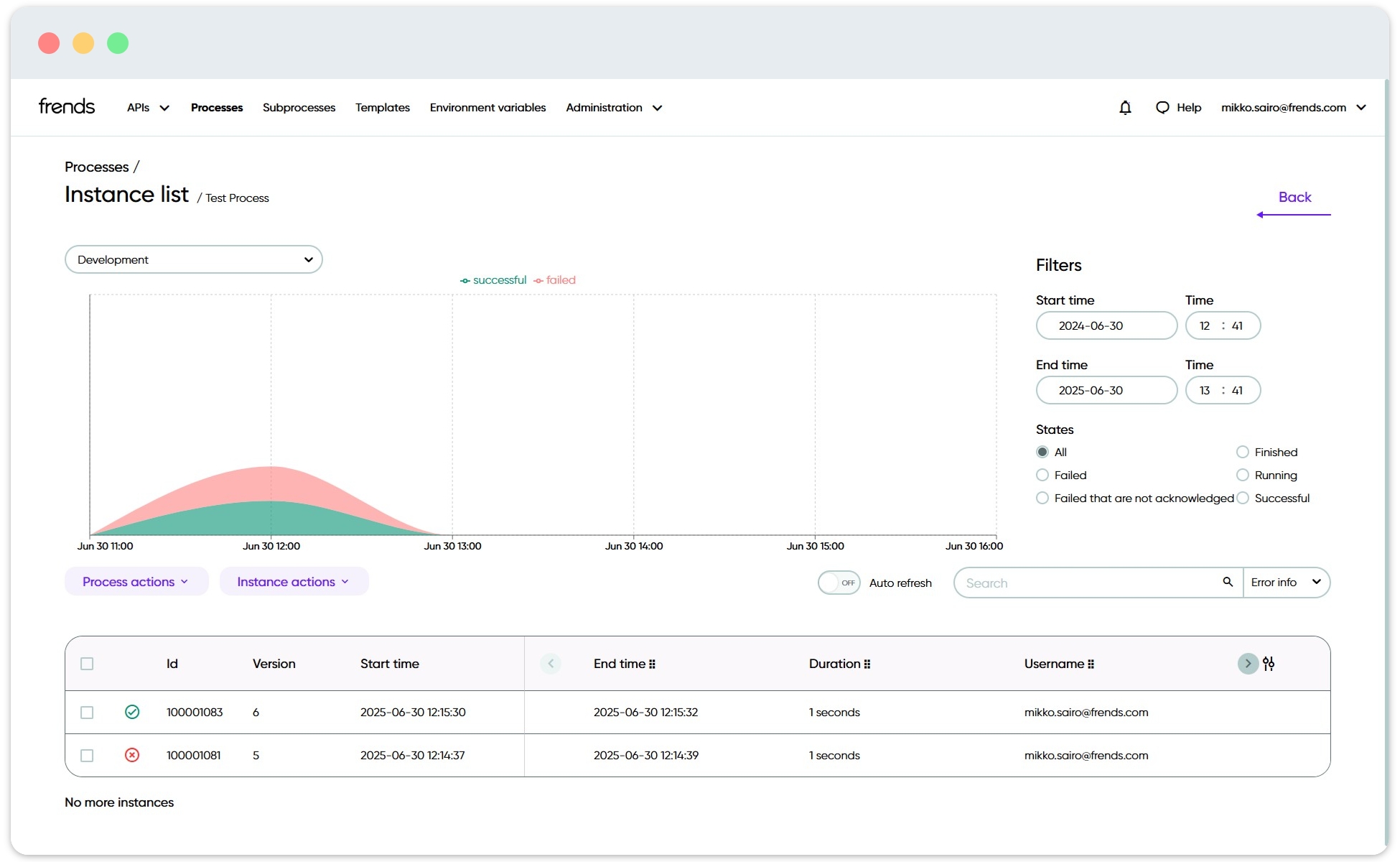 Picture of Frends Process Instance list, explaining effect of Return shape to the logged result.