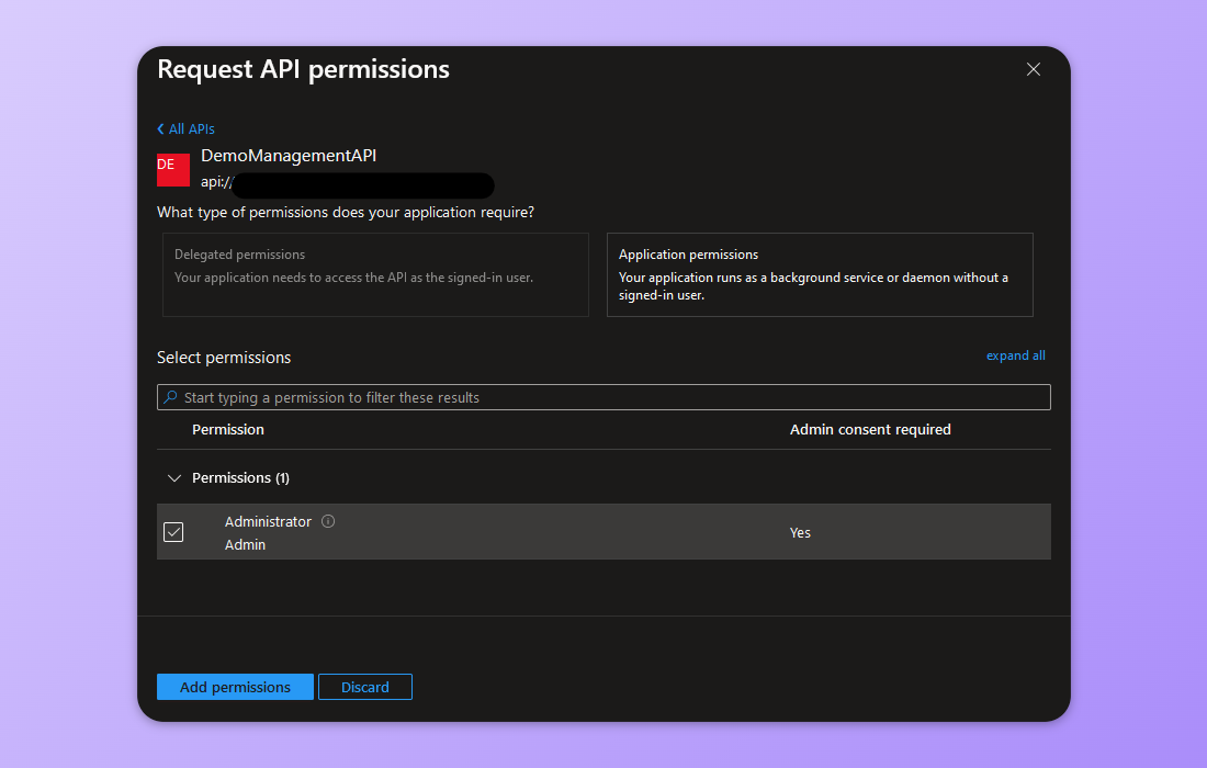 Image shows how to add permissions for the created role to access the API.
