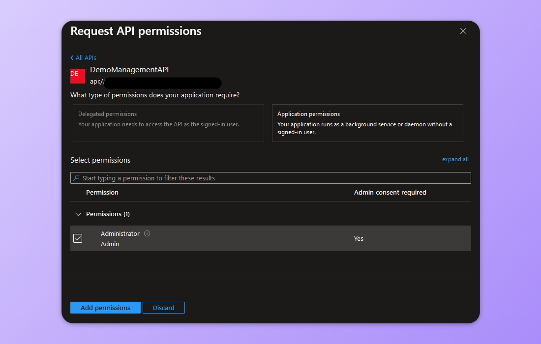 Image shows how to add permissions for the created role to access the API.