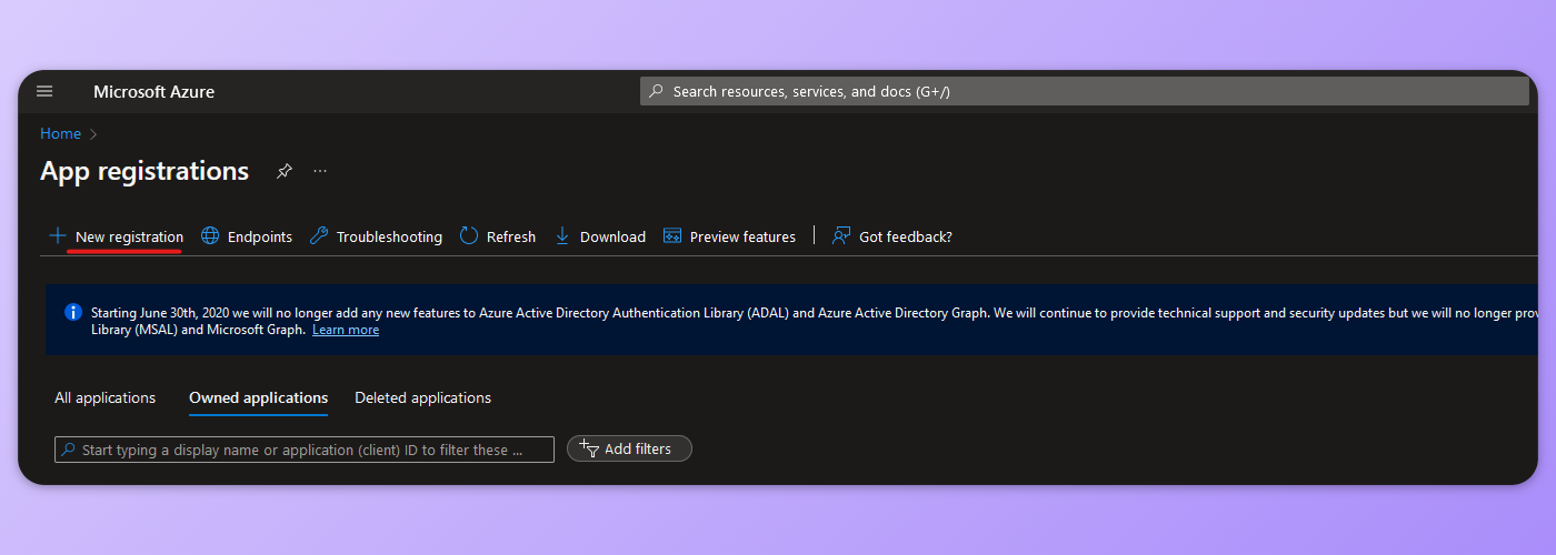 Picture showing the AAD App registrations, where to create the new app.