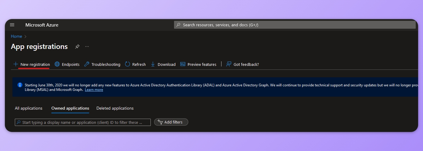Picture showing the AAD App registrations, where to create the new app.
