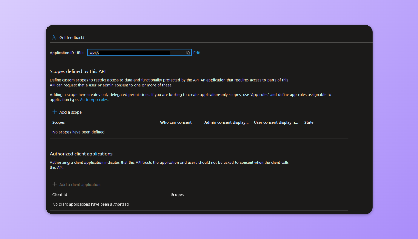 Picture shows the Application ID URI creation view in AAD.