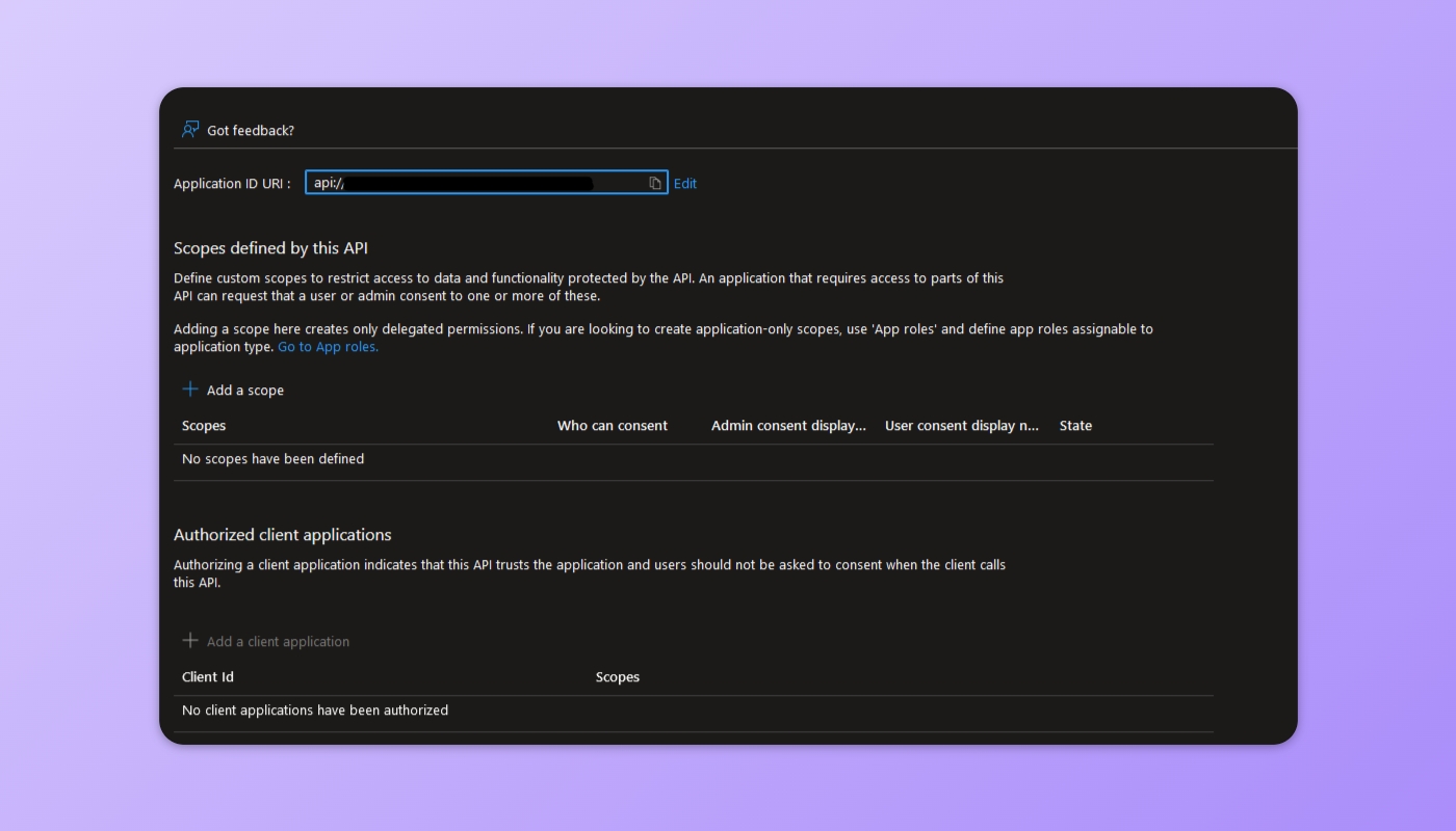 Picture shows the Application ID URI creation view in AAD.