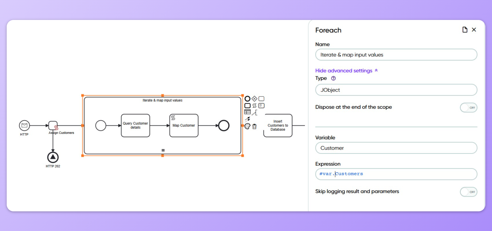 Example showing a Foreach shape being used in Frends Process.