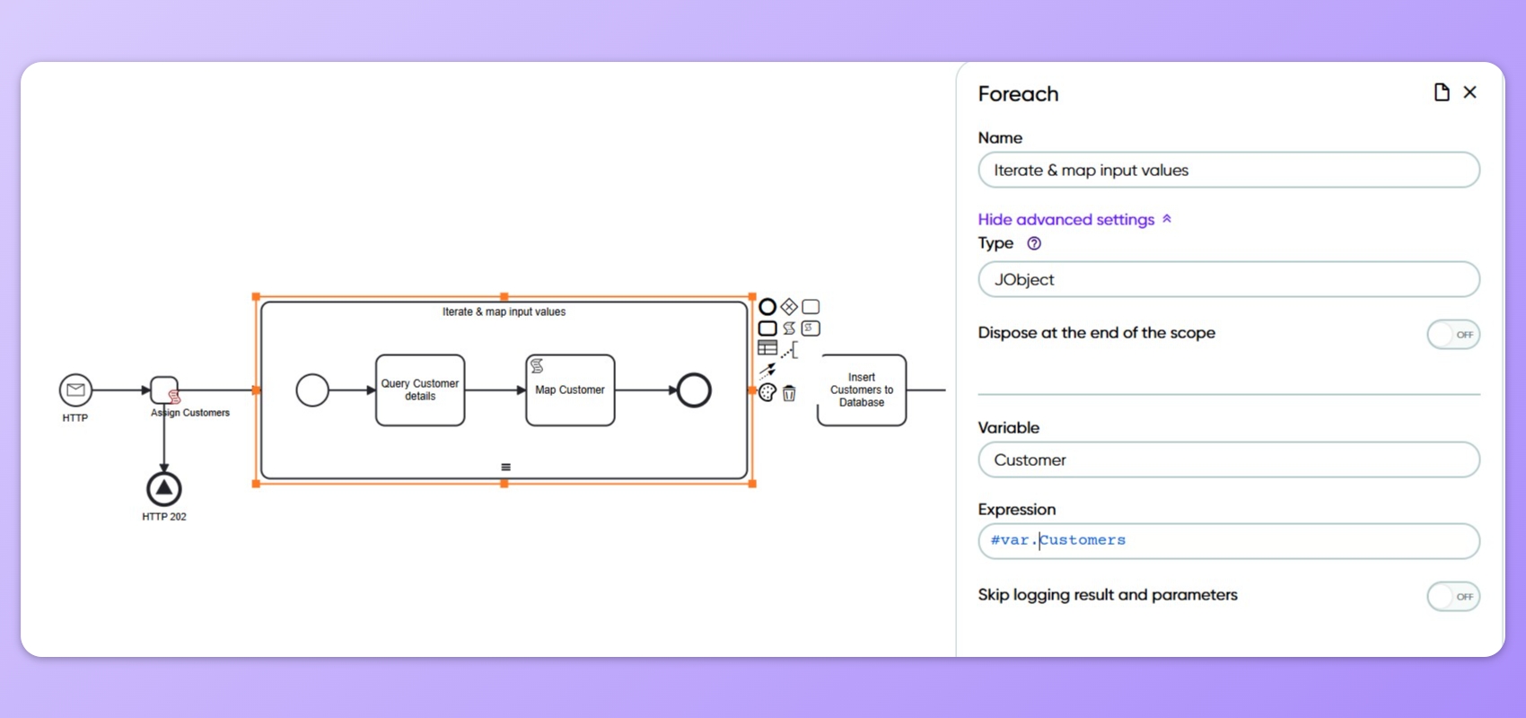 Example showing a Foreach shape being used in Frends Process.