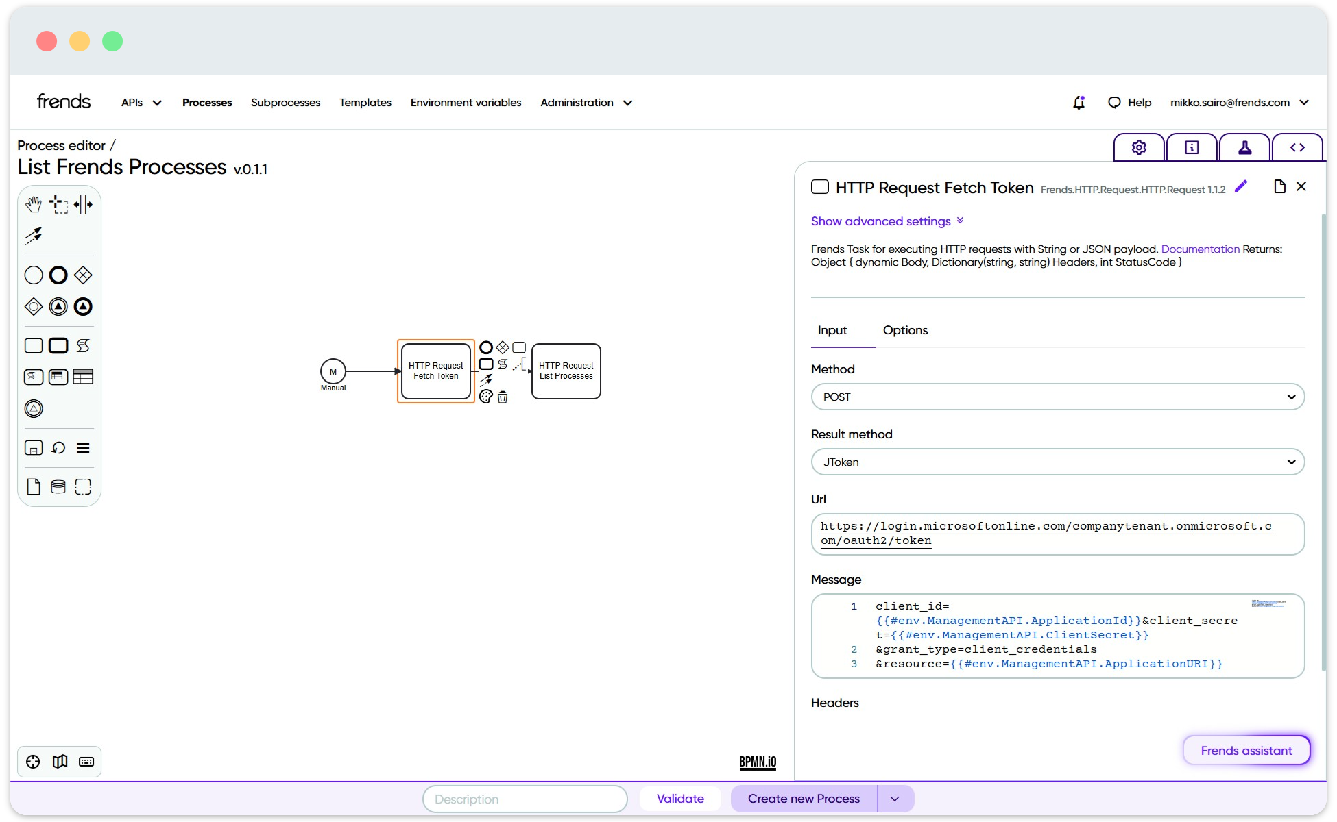 Picture showing example Process in Frends which fetches an auth token.