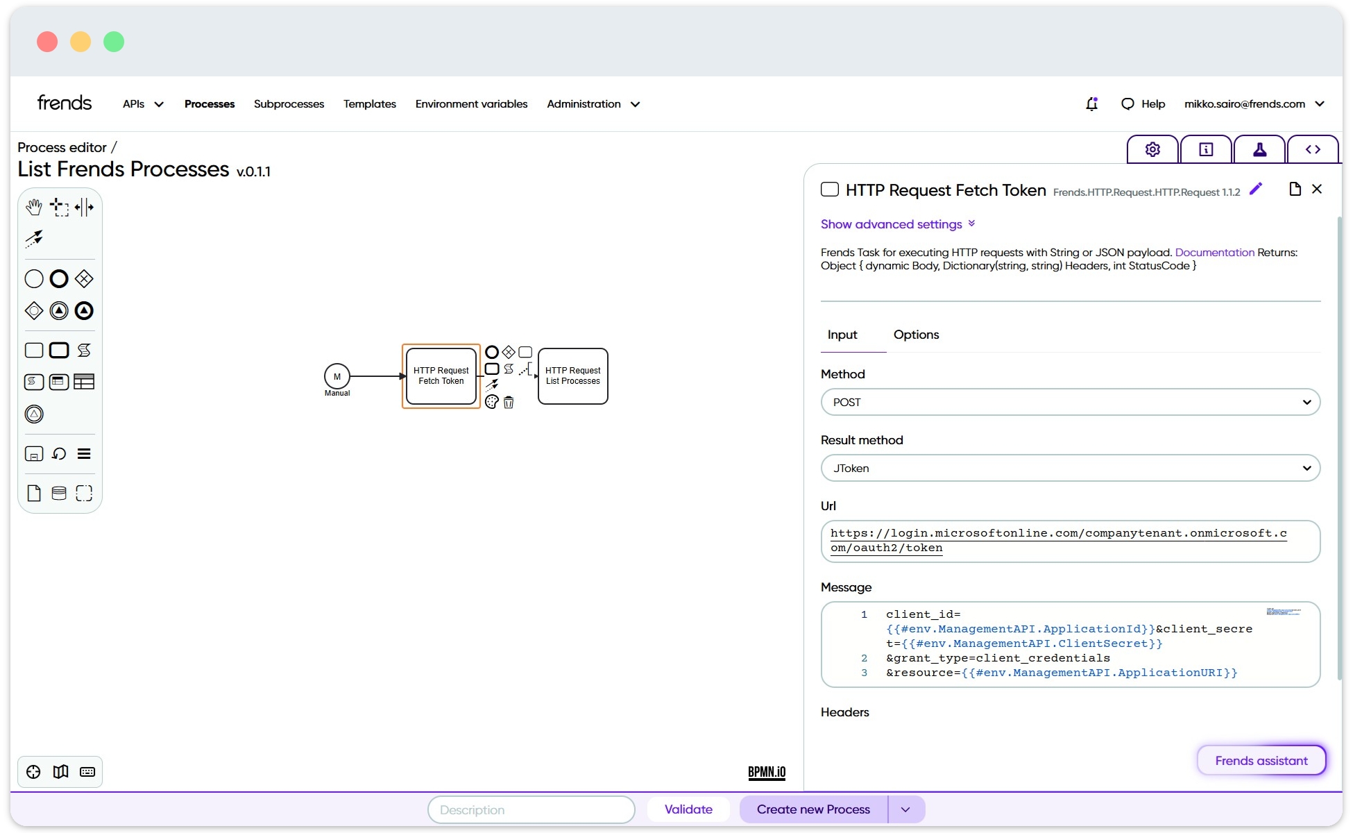 Picture showing example Process in Frends which fetches an auth token.