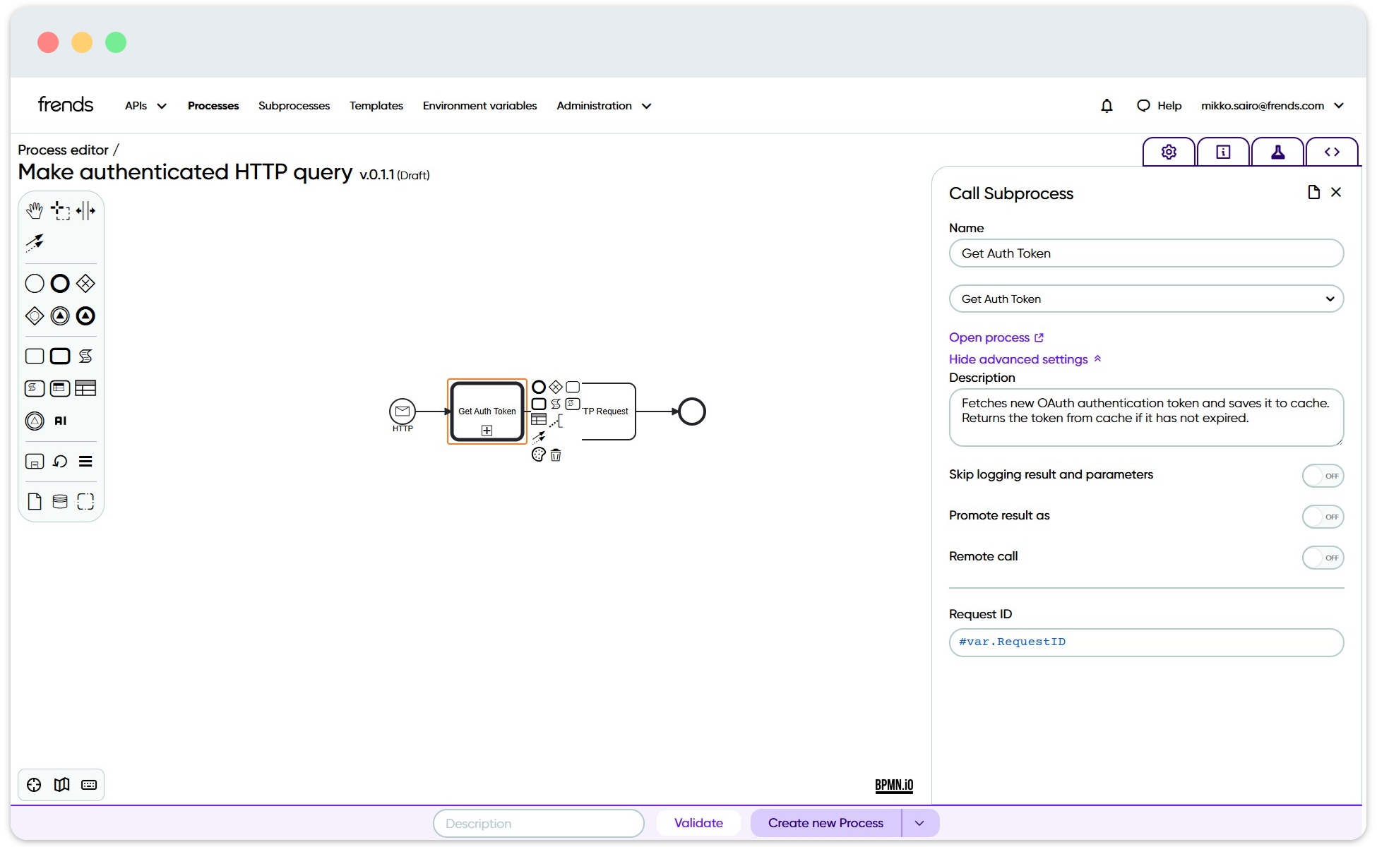Image shows a Subprocess call being used in a Frends Process.