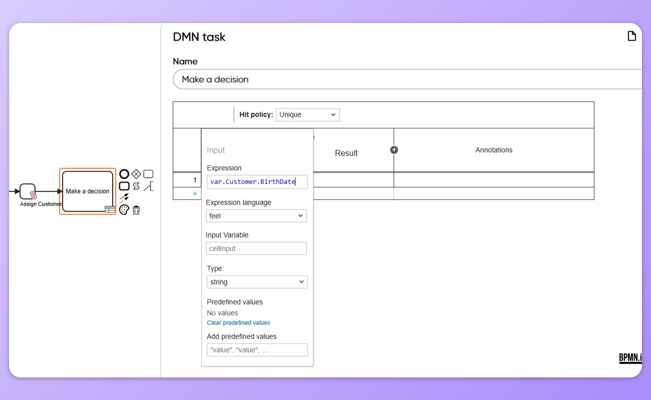Image showing example input value being defined for DMN table.
