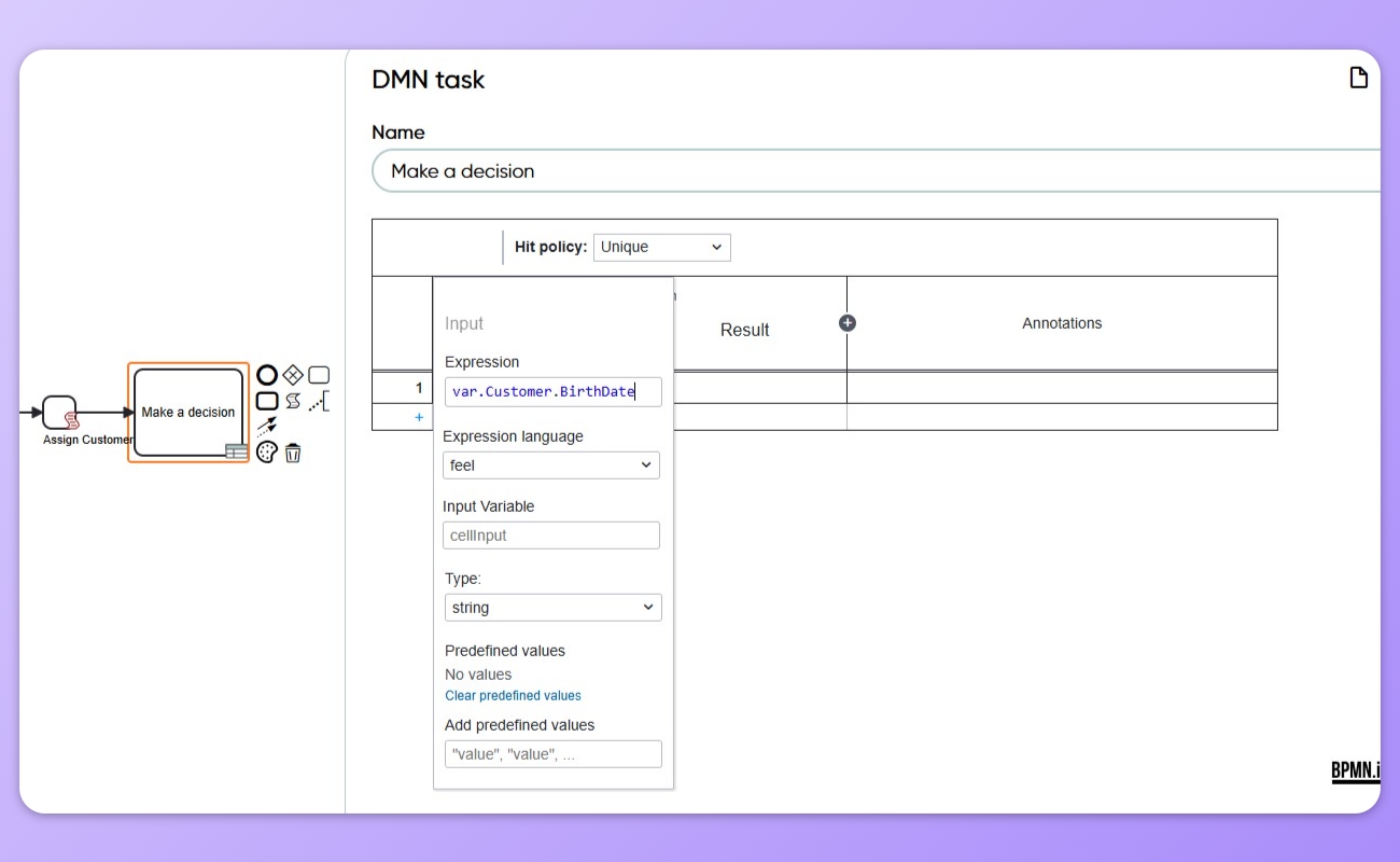 Image showing example input value being defined for DMN table.