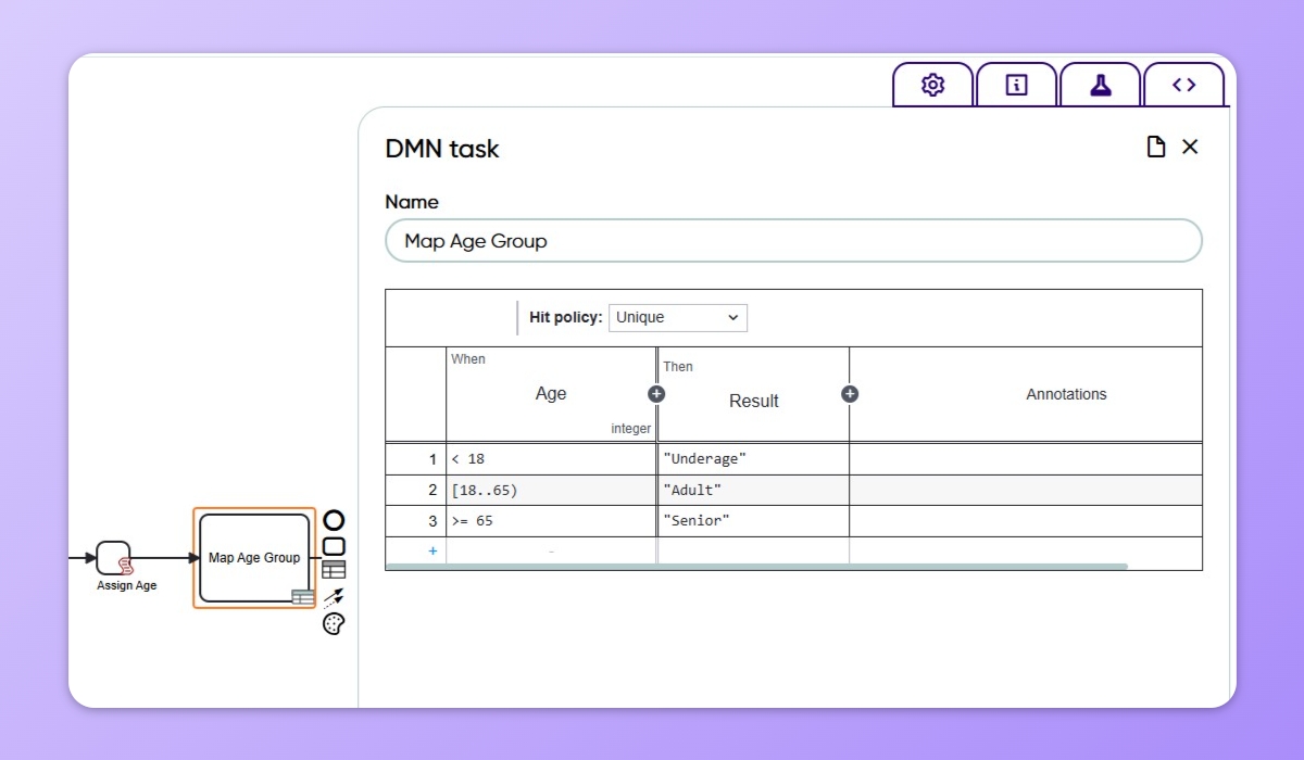 Simple example of DMN Task being shown in Frends Process Editor.