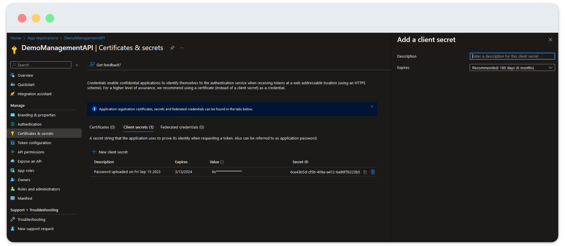 Picture shows the Client secret after it has been created in AAD.
