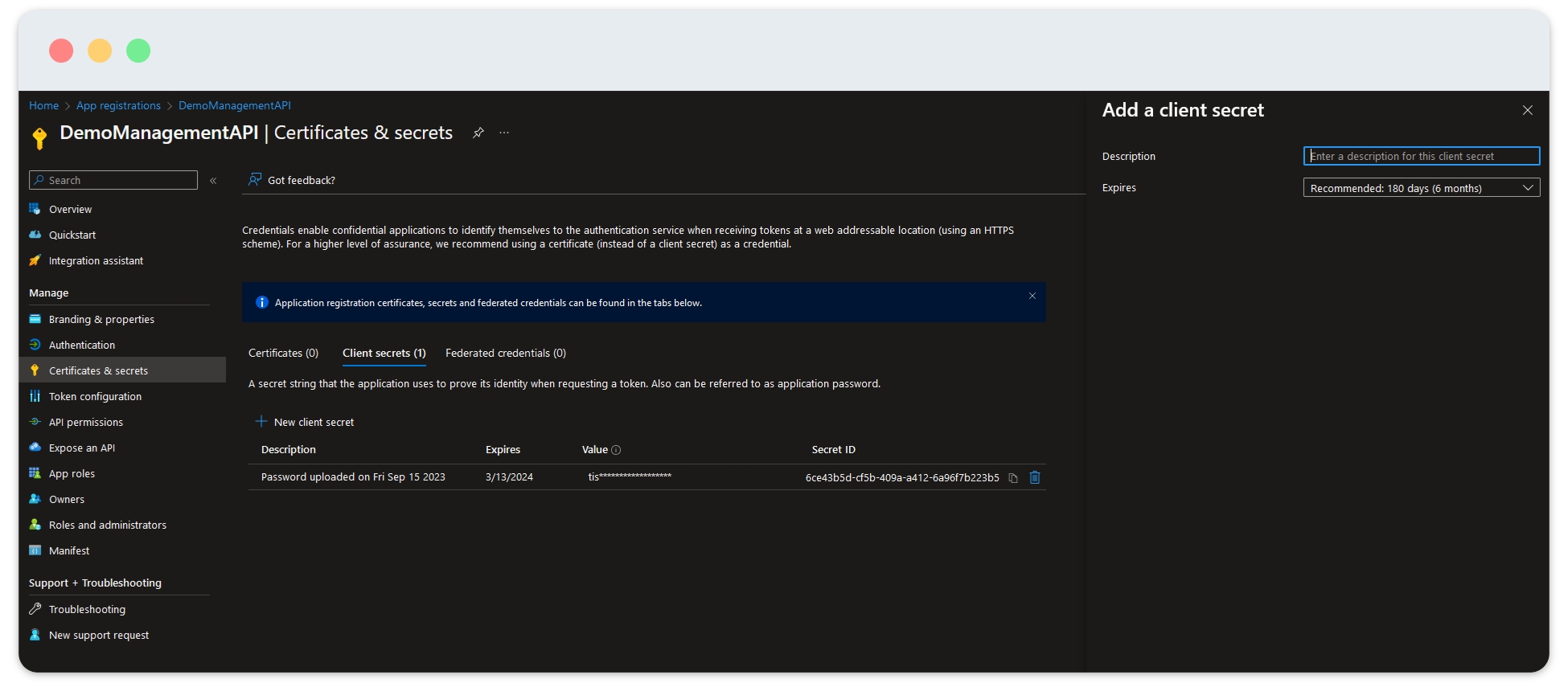 Picture shows the Client secret after it has been created in AAD.