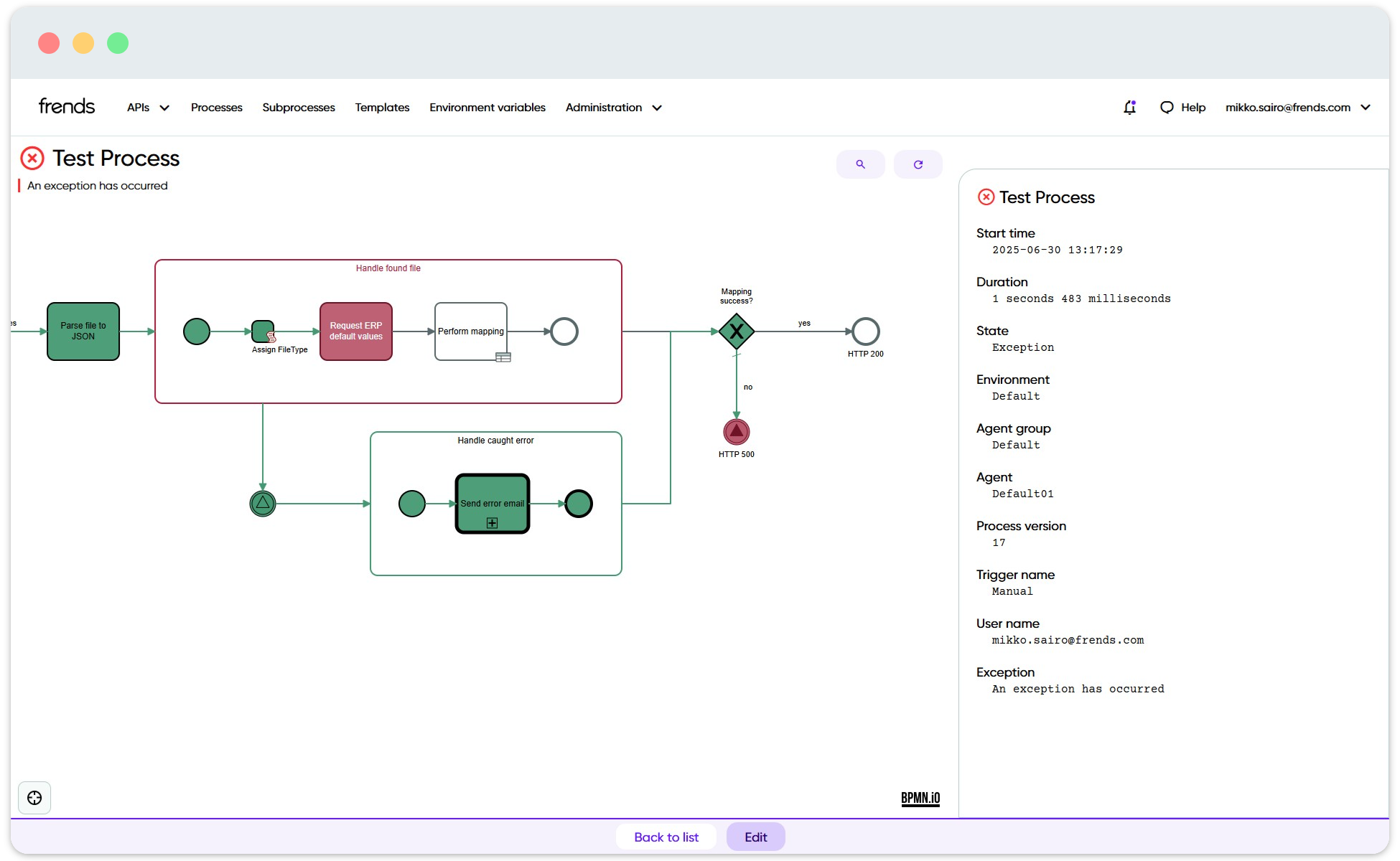 Example of Catch shape performing error handling in a Process.