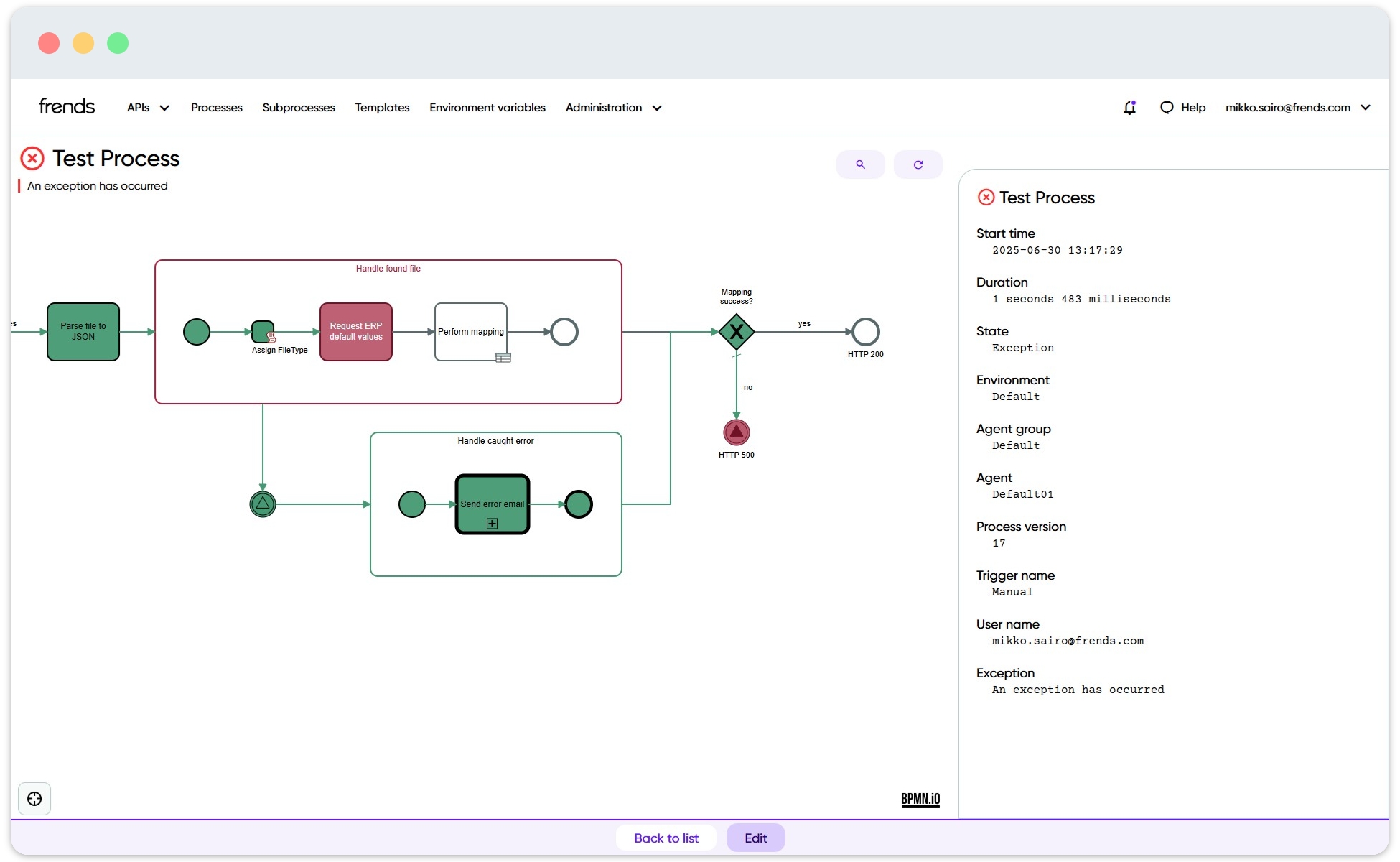 Example of Catch shape performing error handling in a Process.