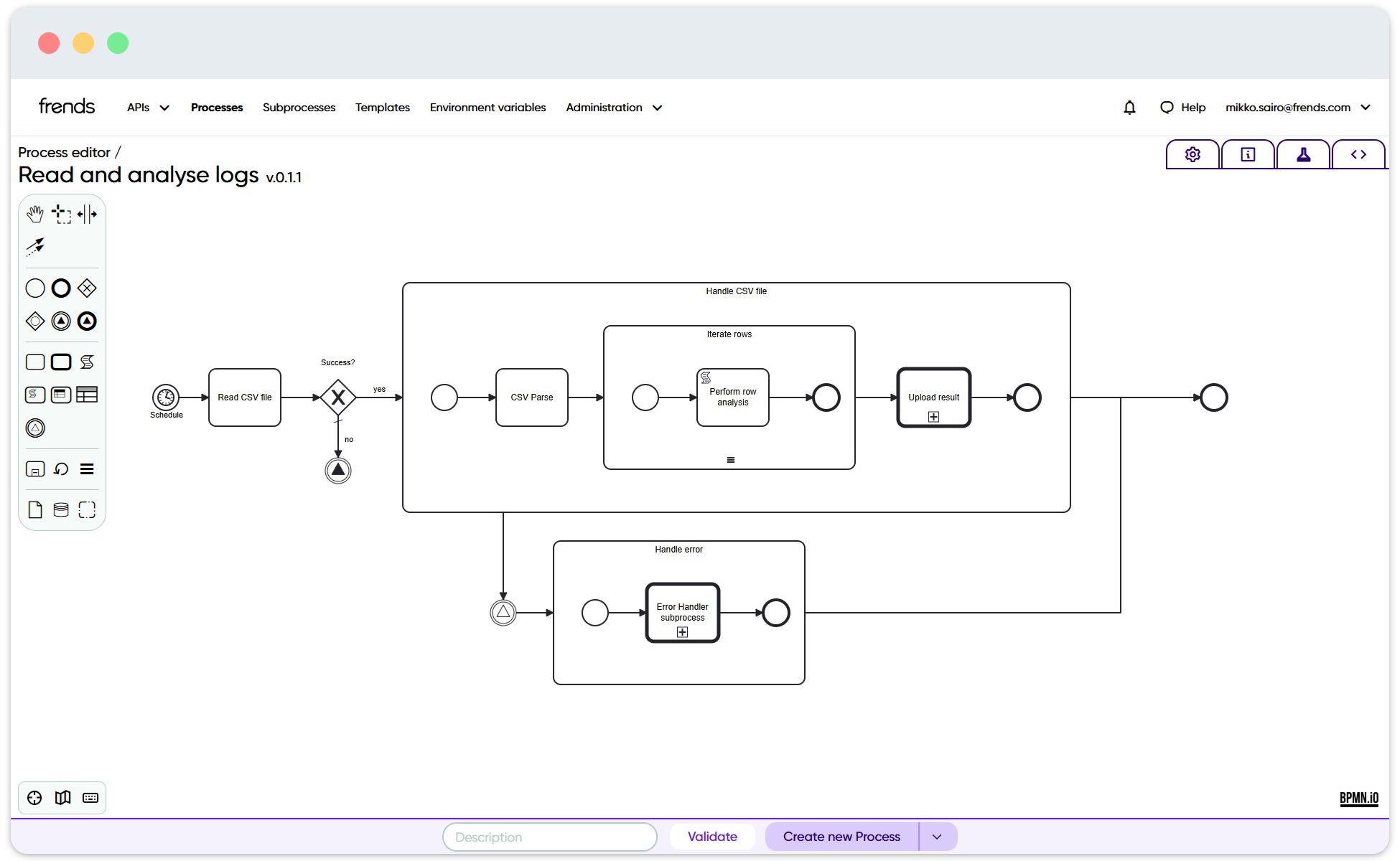 Example showing Scope shape being used for error handling in a Process.