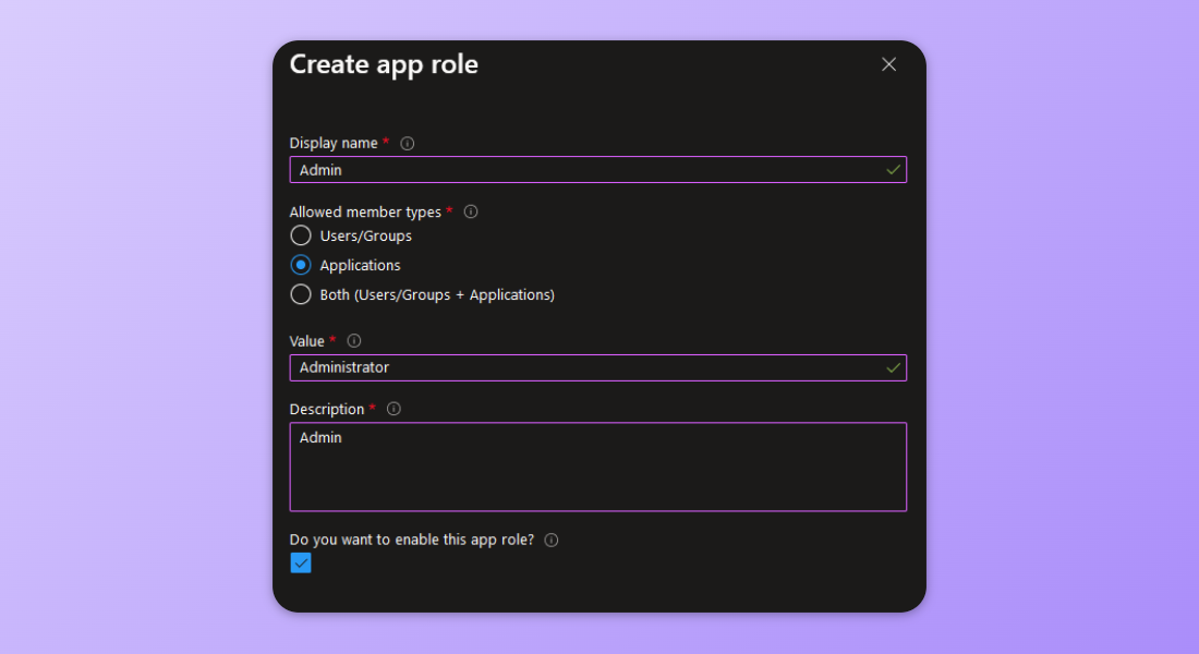 Image shows the preferred settings for the app role in AAD.