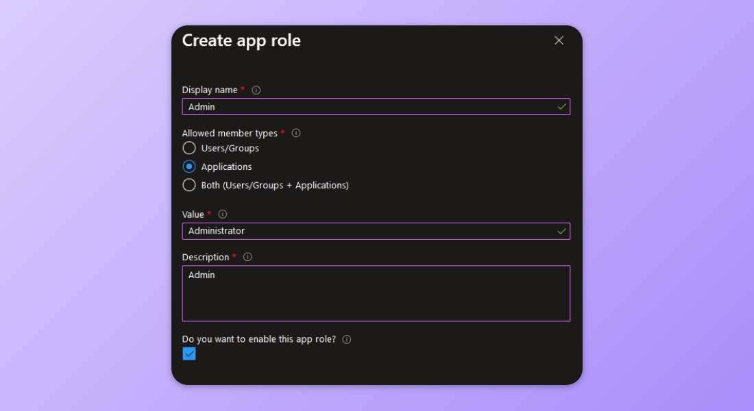 Image shows the preferred settings for the app role in AAD.