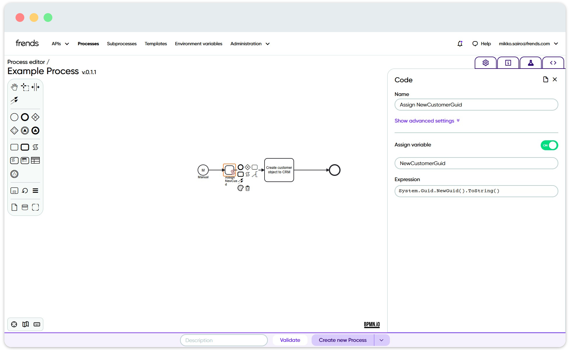 Example showing a single C# expression being used in Assign Variable shape.