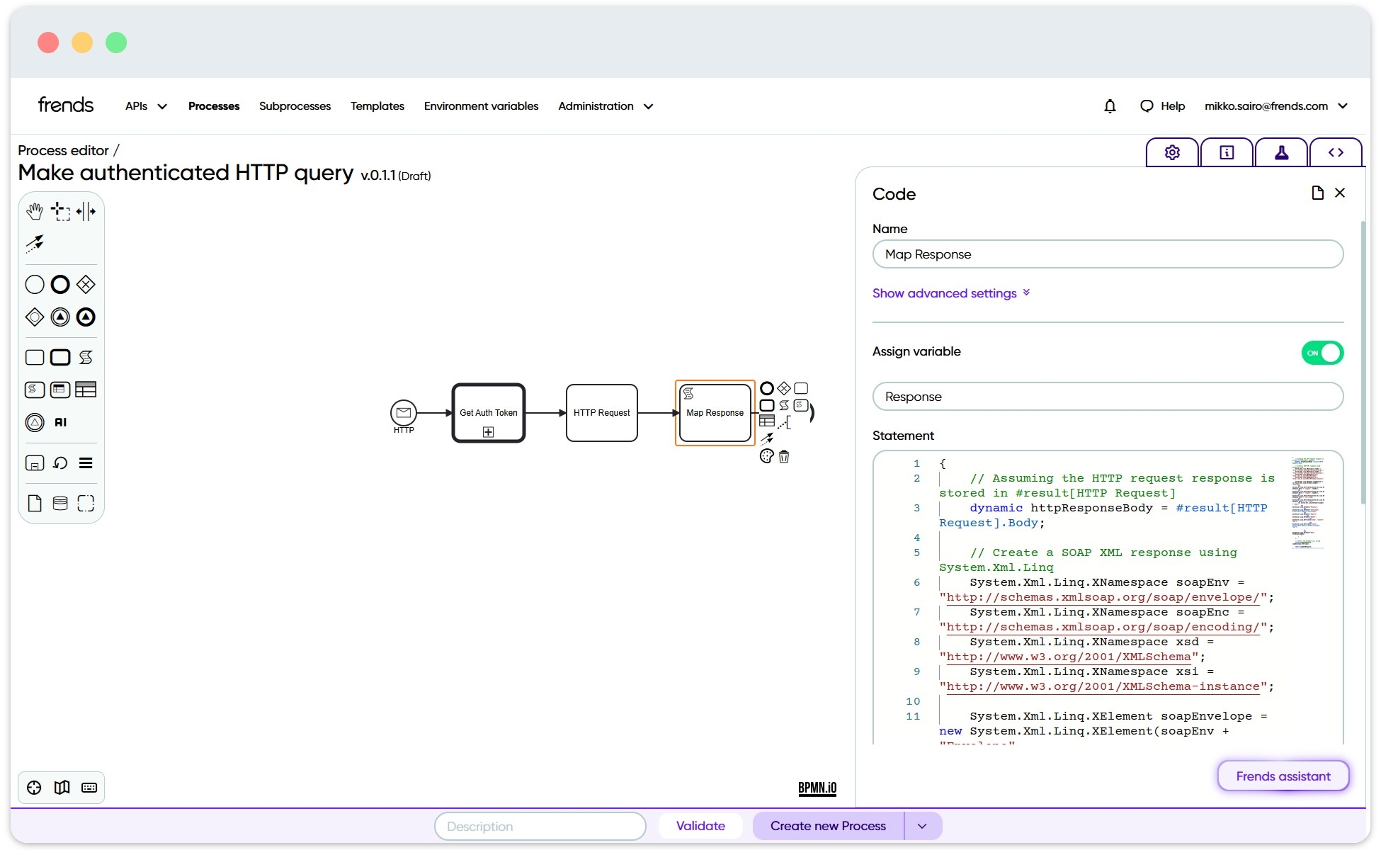 Image shows Code Task being used to map a response in C# code.