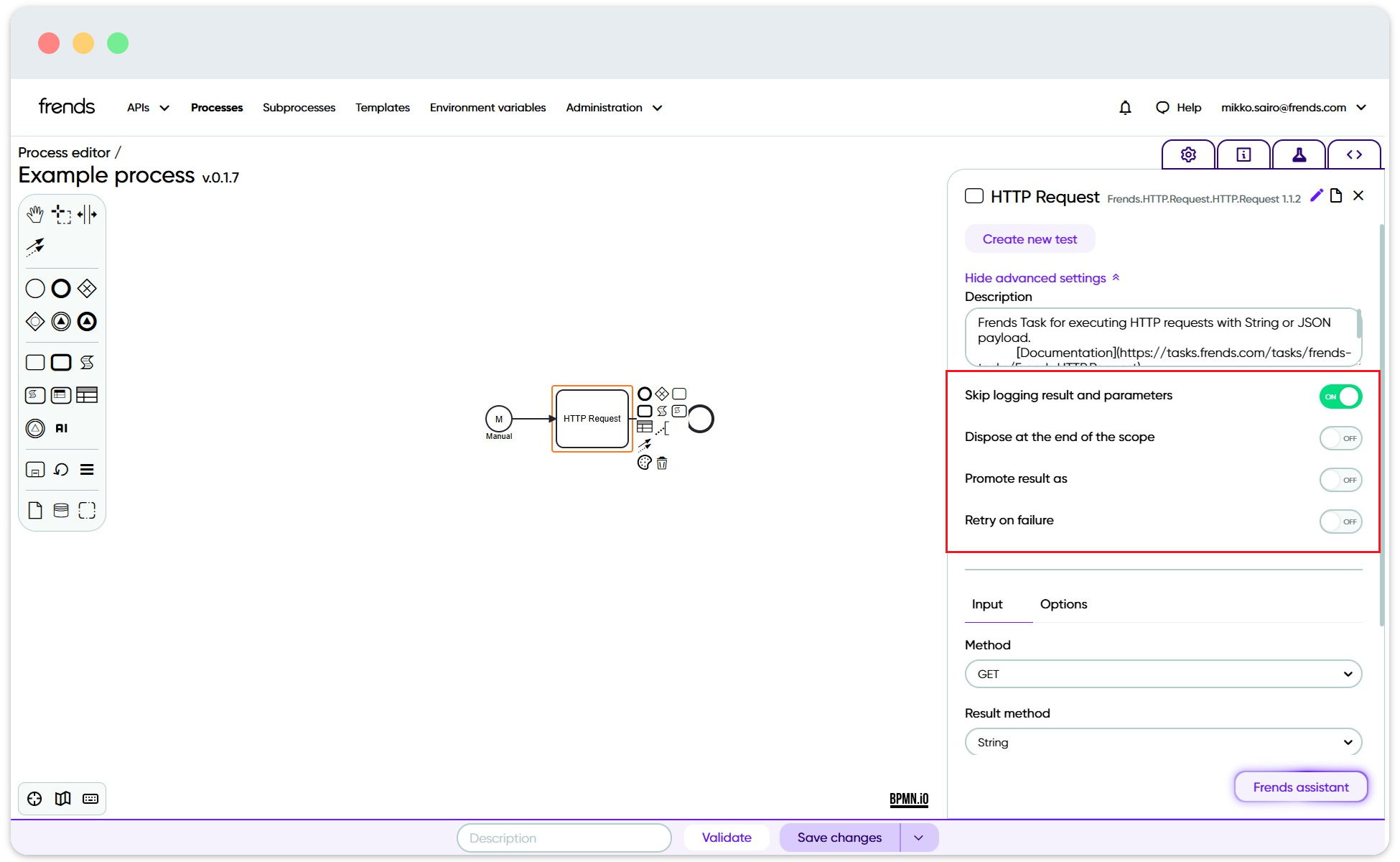 Picture of Frends Process Editor, showing the advanced settings for a shape.